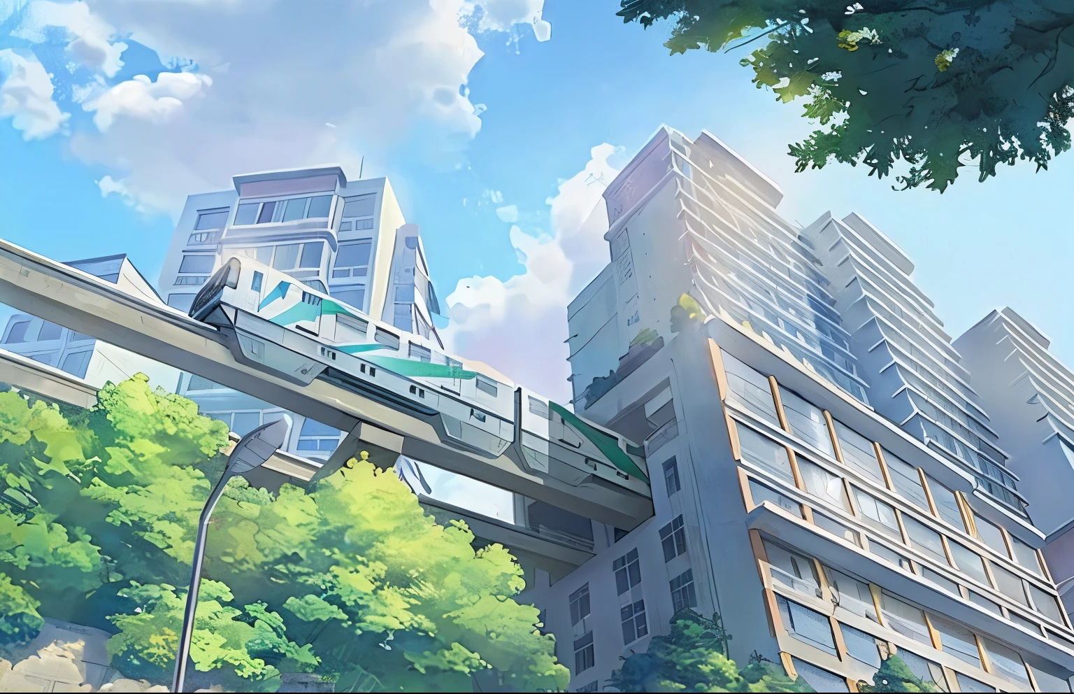 Cartoon city scene with a train passing over a bridge, Xin Haicheng. —h 2160, style of Xin Haicheng, inspired author:Shinkai Makoto, in style of Xin Haicheng, overgrowth. by Xin Haicheng, studio glibly Xin Haicheng, author:Shinkai Makoto, by Xin Haicheng