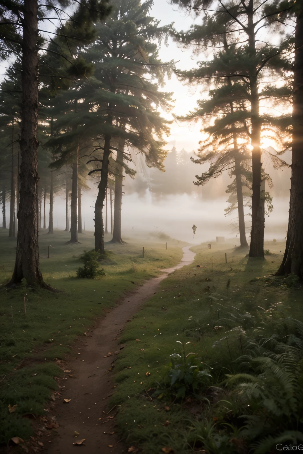 (best quality, masterpiece:1.2), detailed, Landscape, dawn, fog, mysterious, forest, vivid colors, soft lighting, serene atmosphere, tranquil mood, hazy silhouette, gentle brushstrokes, ((wodden cabbet in the forst))