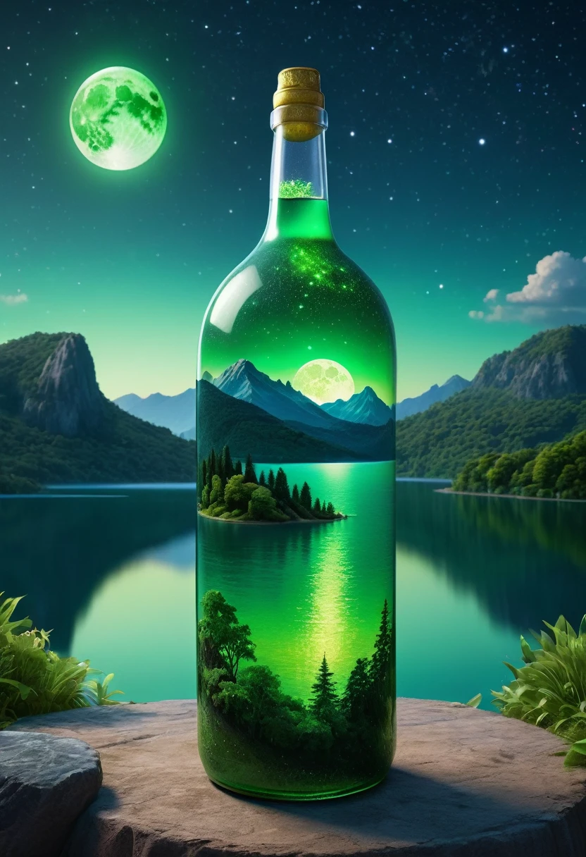 A huge bottle，There is a majestic lake inside ,  Very high quality and very detailed scenes , Octane Rendering, Starry Sky , Dream , Huge green moon , paradise walter , inspiration, imagination  