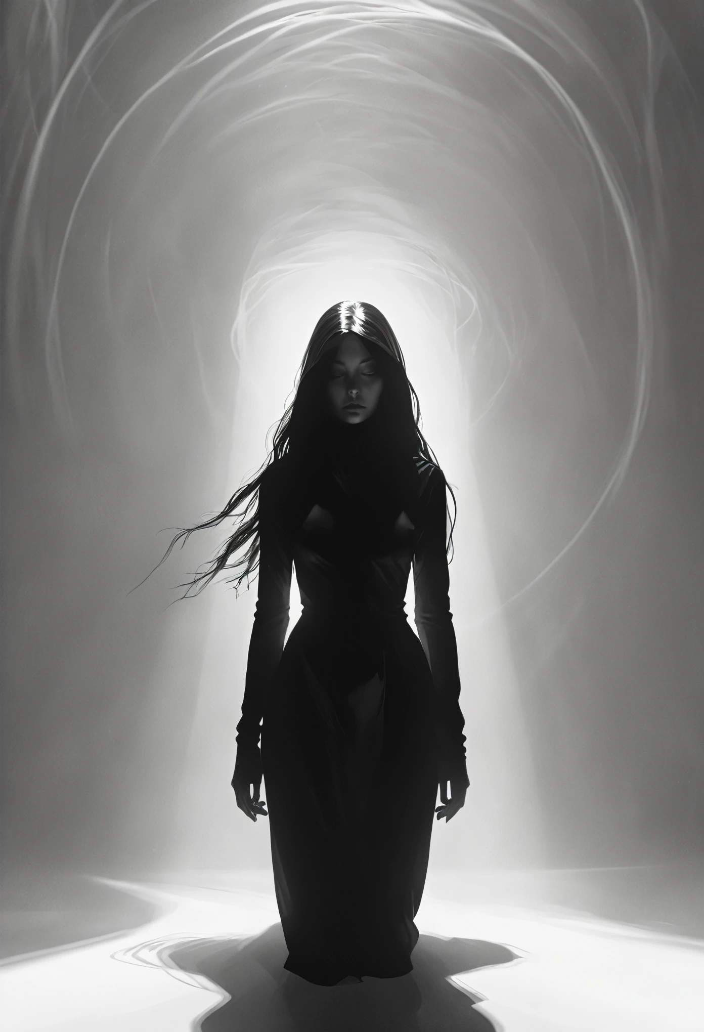 black and white,hell lady,minimalist Journey,highres,ultra-detailed,realistic,portrait,monochrome,contrast,bold lines,dark atmosphere,simple composition,dramatic lighting,expressive face,subtle emotions,striking gaze,intense stare,simple clothing,mysterious background,haunting beauty,graceful pose,mysterious aura,vivid black and white tones,ethereal,concept art,journey of self-discovery,quiet introspection,depth of the soul,symbolic representation,minimalist environment,subtle details,emotional depth,striking simplicity,balance of light and darkness,surreal experience,striking shadows,subtle textures,detailed expression,striking visual impact,straightforward yet thought-provoking,wide range of emotional interpretation，shadow，anatomical correct:2