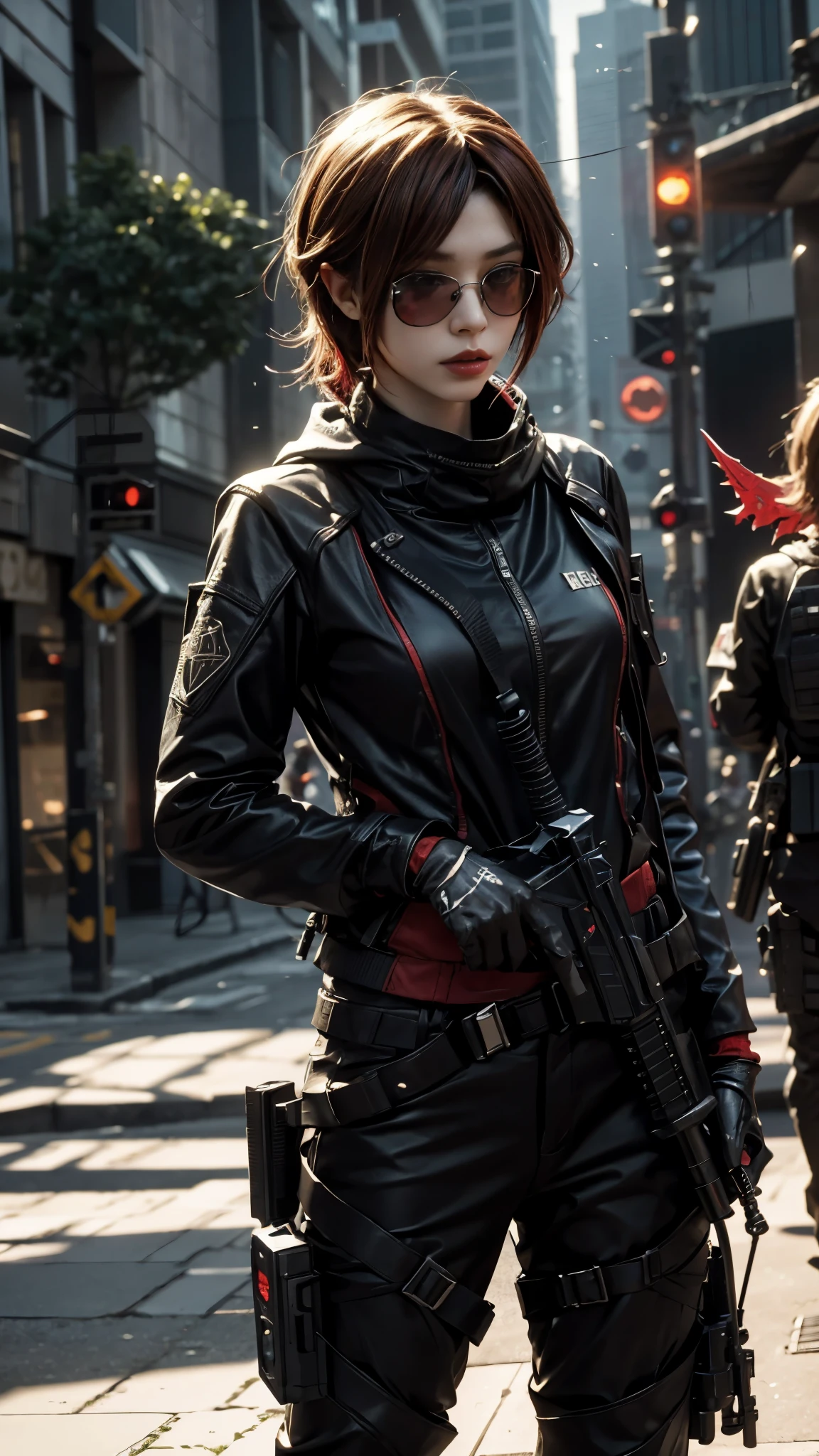 8K, UHD, masterpiece, 1 girl, detailed face, smart face, sunglasses, detailed eyes, sniper rifle in hand, battlefeild, call of duty cosplay, call of duty modern warfare 3, ((ghost tribe)), ((red cosplay:1.5)), belts, gun, methic gun, futuristic art, cyberpunk lighting, ultra extreme graphics, RTX 4090, ray tracing, bloom, depth of field, motion blur, MVP Moment,