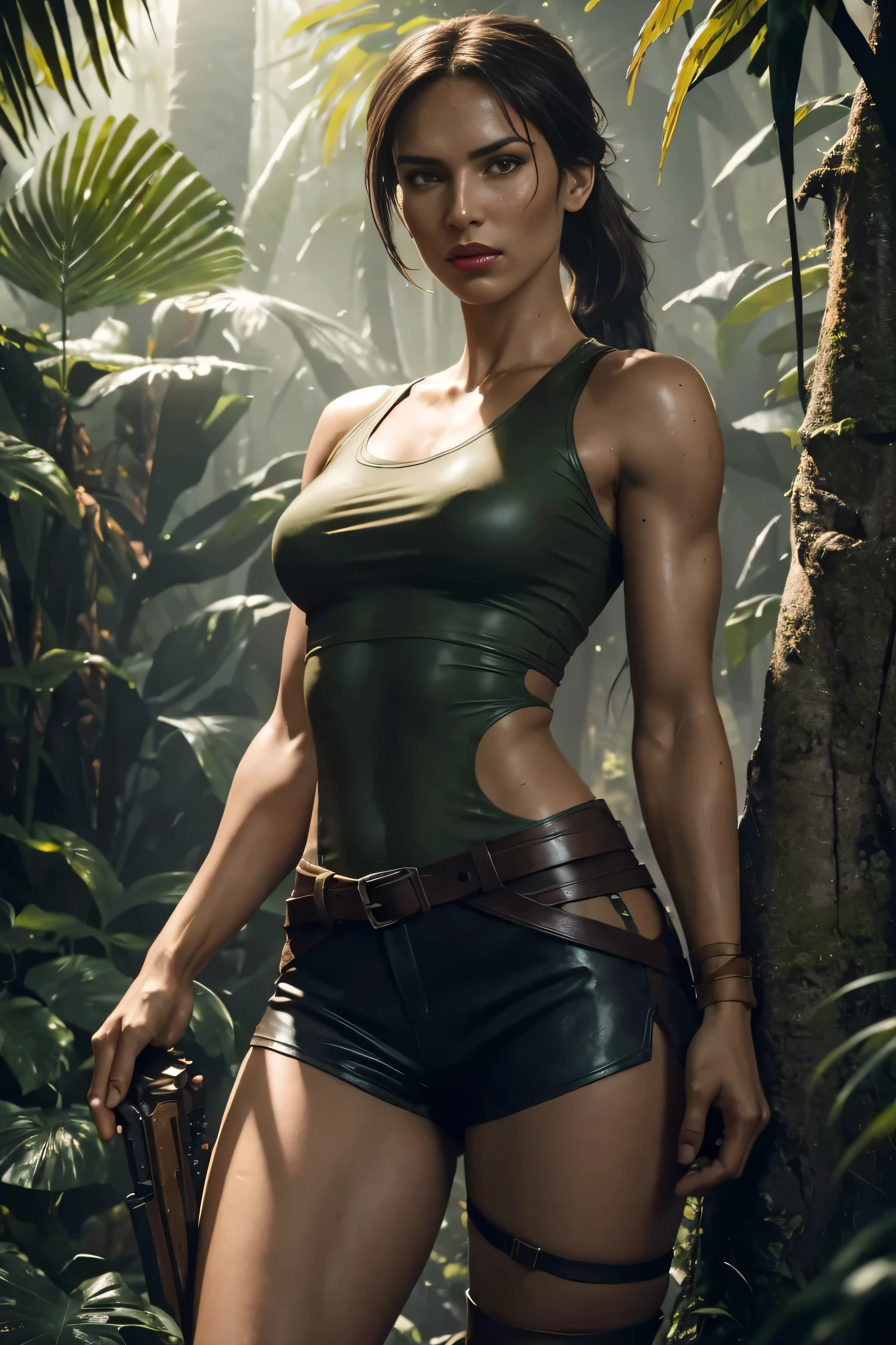 full bod of a woman who is lara croft, long brown ponytail, brown eyes, girlish face, long graceful neck, red lips, long muscular thighs, short tight brown leather shorts, pale green sleeveless torn t-shirt, brown leather boots, art by Karol Bak, bird fighter, ultra-realistic hyper-realistic, edge lighting, perfect contrast, high sharpness, ultra detailed photography, global illumination, smooth, ultra high definition, unreal engine 5, ultra sharp focus, award-winning photo in the jungle, pain, realism, digital art, cinematic, depth of field, 35mm, from side, Masterpiece, 8k, masterpiece, UHD