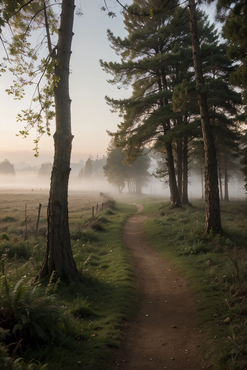 (best quality, masterpiece:1.2), detailed, Landscape, dawn, fog, mysterious, forest, vivid colors, soft lighting, serene atmosphere, tranquil mood, hazy silhouette, gentle brushstrokes, ((wodden cabbet in the forst))