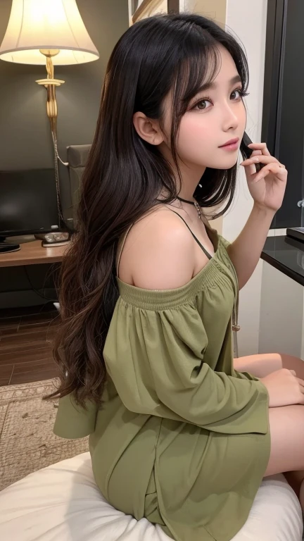 foto seorang perempuan manis mengenakan pakaian dominan hijau dan putih dengan aksen emas. orang ini memiliki rambut coklat yang dipotong pendek dan dihiasi dengan pita besar di kepalanya. Ia sedang melayang di udara dengan latar belakang bulan sabit yang bercahaya. Di sebelahnya terdapat kelinci putih yang juga memiliki elemen magis,