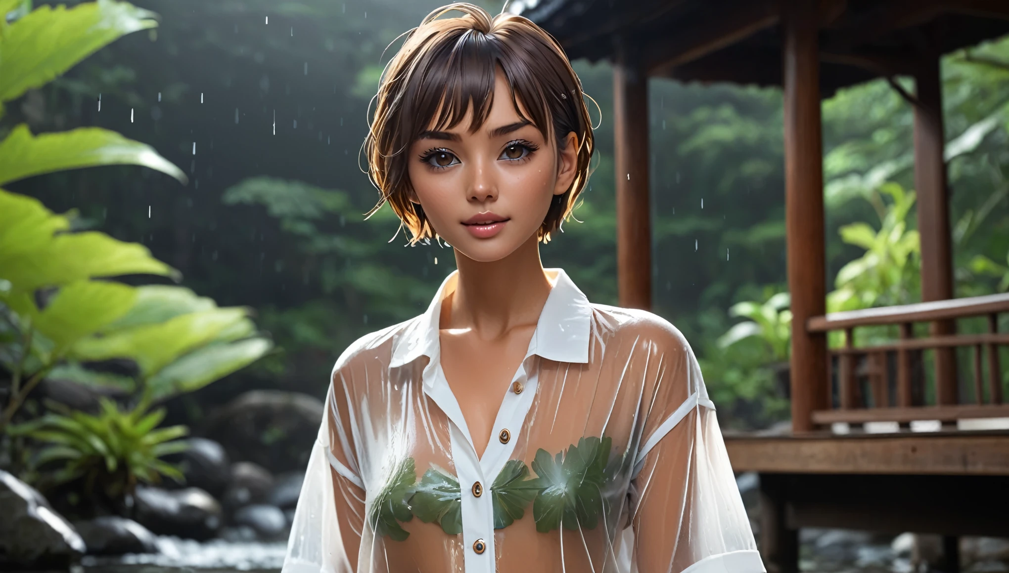 Top Quality, Masterpiece, High Resolution, 8k, wide objective, full body shot, ((cute tanned girl in a wet oversized see-through button-down tunic, deep neckline, short pixie asymmetrical hair, small perky breasts, beautiful detailed eyes, beautiful detailed lips, extremely detailed face, no lipstick, no makeup, natural teint, in onsen, at night, very dim light from one side))