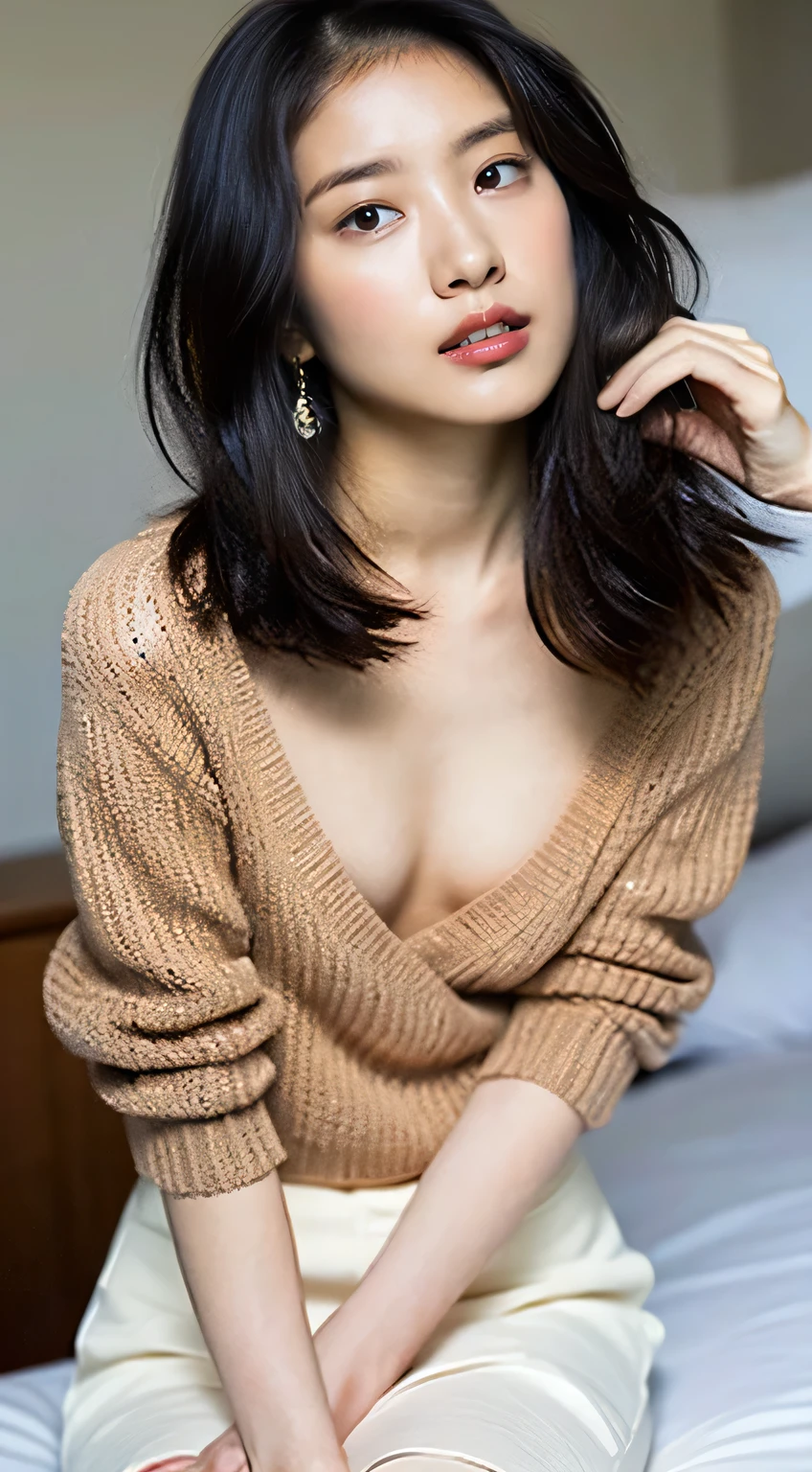 (Plain knit blouse, Floral Print Skirt, No bra, Show beautiful thighs:1.5),
((I want to kiss you?, I want to fuck you?, cheat with me?:1.2)),
((Can you kiss my neck??, Can you touch my nipples??:1.2)),
((Come closer to me, Are you excited by my body??, Touch my breasts, I like you:1.2))
((Sexy atmosphere, hold out your lips, Disheveled Hair, A sigh escapes)),
((Luxury Resort Hotel, Push her down on the bed and make love, Caress the breasts, Take off your clothes, Take off your panties, Complete darkness, lamp:1.4)),
((20-year-old, Shiho Sada, Elegant beautiful female announcer:1.5)),
((Earrings that match your outfit, Silver Necklace:1.2)),
((Tilt your face slightly)),
((Squint your eyes)),
((purse your lips:1.2)),
((Blushing:1.2)),
((Small breasts,Flat Chest:1.2)),
Narrow shoulders, the lines of the body are thin, Thin waist, Long, slender legs,
Ultra-detailed skin, Glossy Skin, White skin, Ultra detailed face, Ultra detailed breasts,
Ultra-detailed eyes, Slit eyes, Brown eyes, double eyelid, Beautiful thin eyebrows, Thin, long eyelashes,
Ultra-detailed lips, Fuller lips, Glossy pink lips, Flushed Cheeks, White teeth,
Beautiful actress's languid make-up, Pink lipstick, Smoky eyeshadow, Eye foundation,
Dark Brown Hair, Delicate and soft hair, Hair blowing in the wind,
(Elegantly putting your hair up, short hair, Layered:1.2),