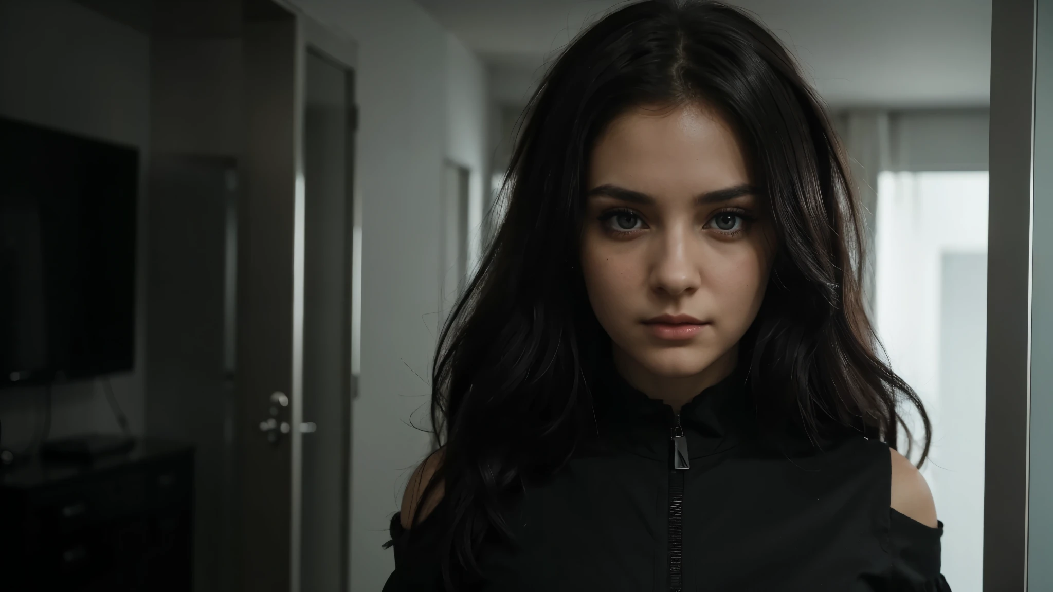 The girl's eyes are the first thing you notice as she enters the room, their beauty and depth drawing you in. As she begins to hack into the system, her attractive look and stylish black dress make her a sight to behold in 8k HD, sexy look, her eyes are so attractive.