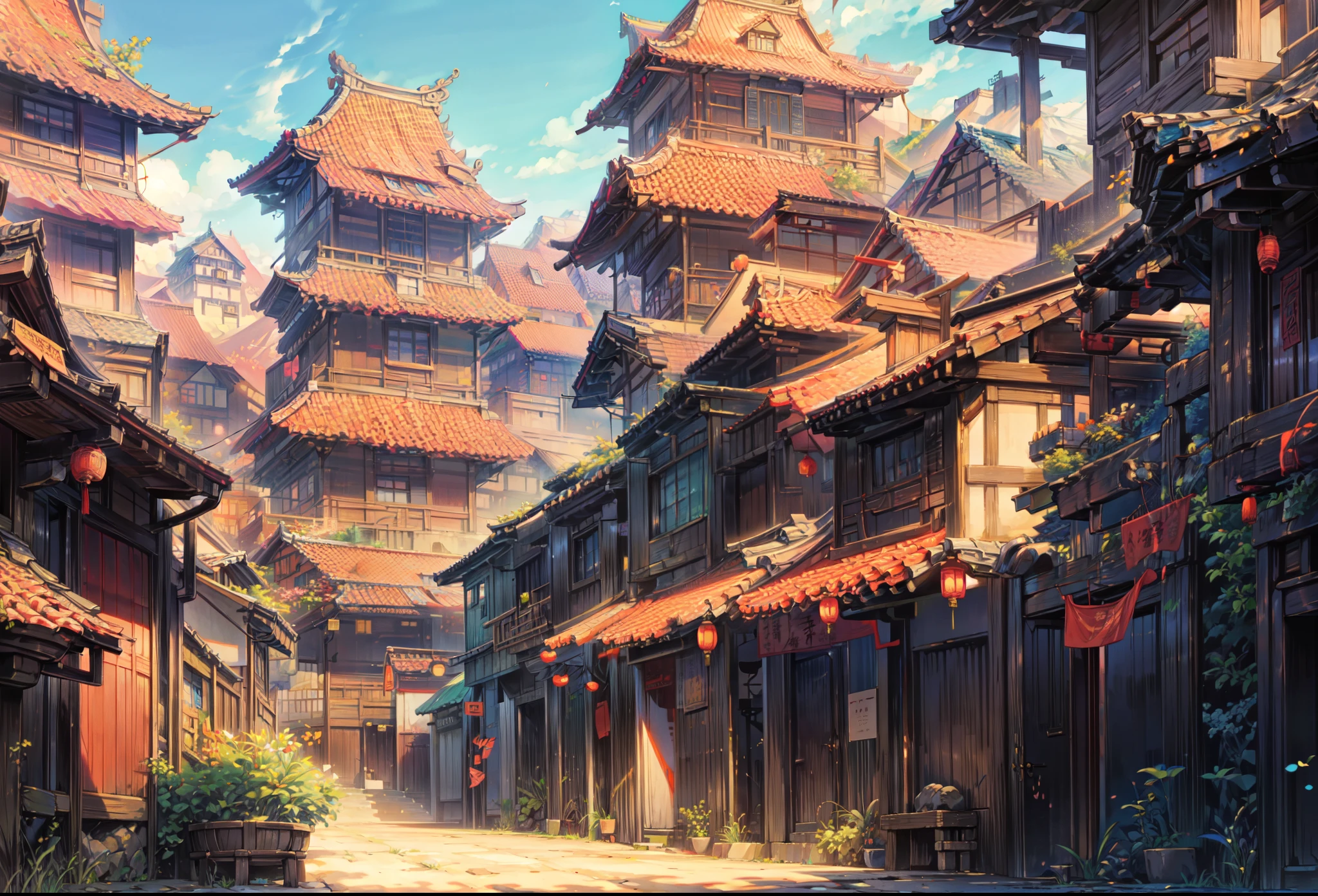 Old ancient chinese town, bright ancient chinese town, beautiful scene, scenery, ancient town, ancient time set, bright color palette, beautiful houses, scene, bright sky, nice enviroment, background, beautiful scene, day time, blue sky, bright sun, ground