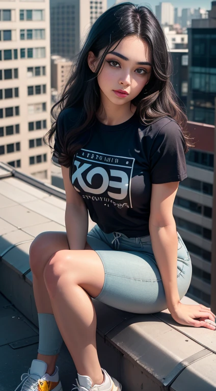 1 girl named Sarah with long light blue hair, dyed loose hair, Long hairstyle, perfect detailed face, Young pretty white girl, Hot-top model, Detailed symmetrical light green eyes with round irises, Beautiful, Walking and posing, Look at the observer, 19-year-old girl, looks like Madison Beer, extremely detailed face, Model, Realistic, Real life, perfect photorealistic picture, Realistic, hourglass figure, Stunning realistic photography, Detailed fingers, detailed realistic face, Soft fingers, real human nails, Extremely attractive girl, perfect detailed tan, small eyes, perfectly detailed face with realistic complexion and finely porous skin, small nose, Model, Perfect posture, Natural limbs, long legs, detailed symmetrical eyeballs, symmetric eyes, Realistic eyeballs, Realistic detailed eyes, cute plump closed lips, makeup, no long neck, no long waist, Perfect proportional body, seductive gaze, Looking in the direction of the viewer, Fascinating facial features, ah high, two arms, Two legs, one head, tiny breasts, realistic natural bodies, realistic shadows, Mystical epiphany, 8K, UHD, ((body facing the viewer, Pointing at the camera)), "wide-angle", Full-body shot, full pose, (photo studio white background), tempt a little, Cinematic world, Cover photo in the center of Hyperealistic, Stunning full-color, Cinematic, neoprene, behance contest winner, portrait of a, presented at Unsplash, stylized digital art, Smooth, extra high resolution, She  wearing a large white long T-shirt and black Acronym J36-S sweatpants (T-shirt only white), black and white sneakers, instagram model, 80mm , Streetwear , (((sitting on the roof of a skyscraper))) , Realistic,round ass