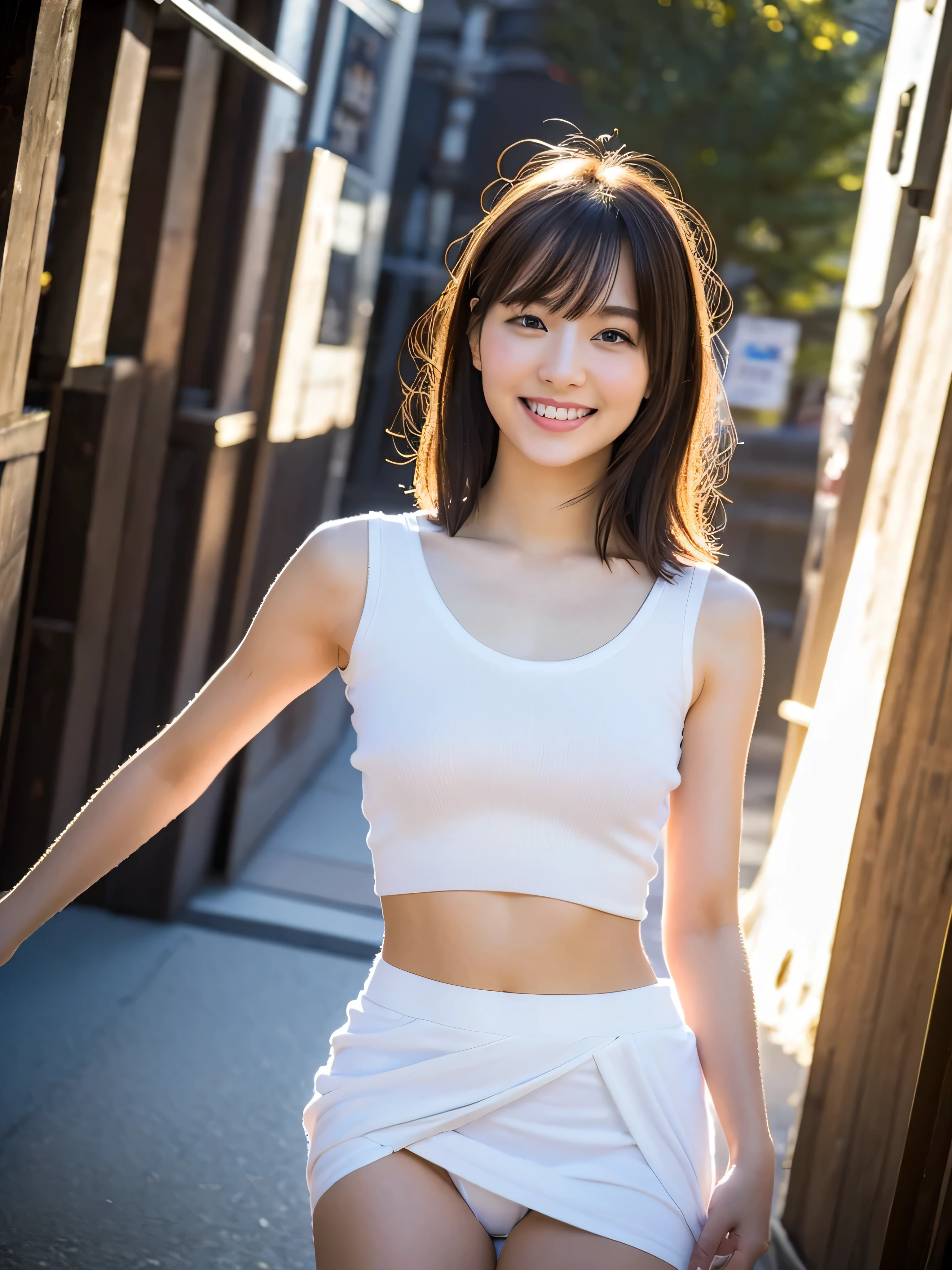 Highest quality, masterpiece, Ultra-high resolution, 8K, born, (Photorealistic:1.4), Professional lighting, Low - Angle, 1 girl, (Background details:1.5), Tokyo Shibuya Street, whole body, slender, Dynamic Pose, cute, smile, Small breasts, Detailed clothing, crop_top, (white, Mini flare skirt)