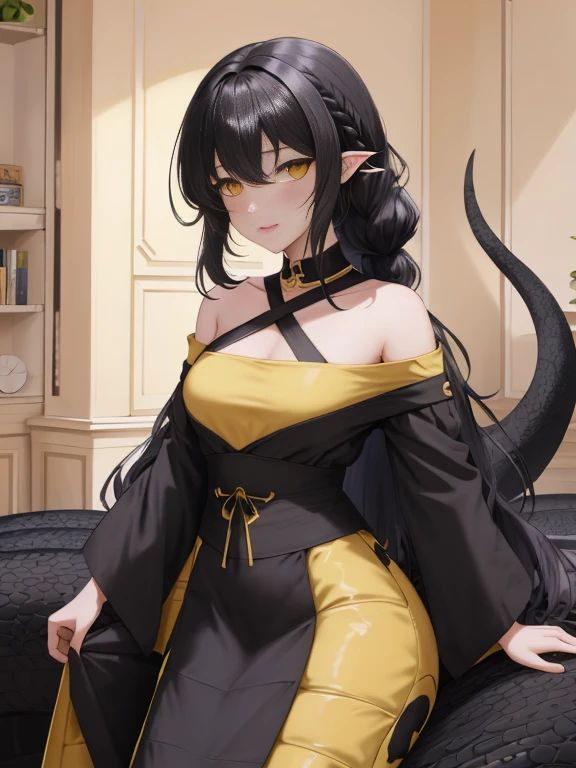 1girl, full body, crossdressing, anime, beauty, small breasts, braid hair, black hair, long hair, yellow eyes, woman lamia, long dress, off shoulder, bedroom, sexy pose, on bed, happy, blush,