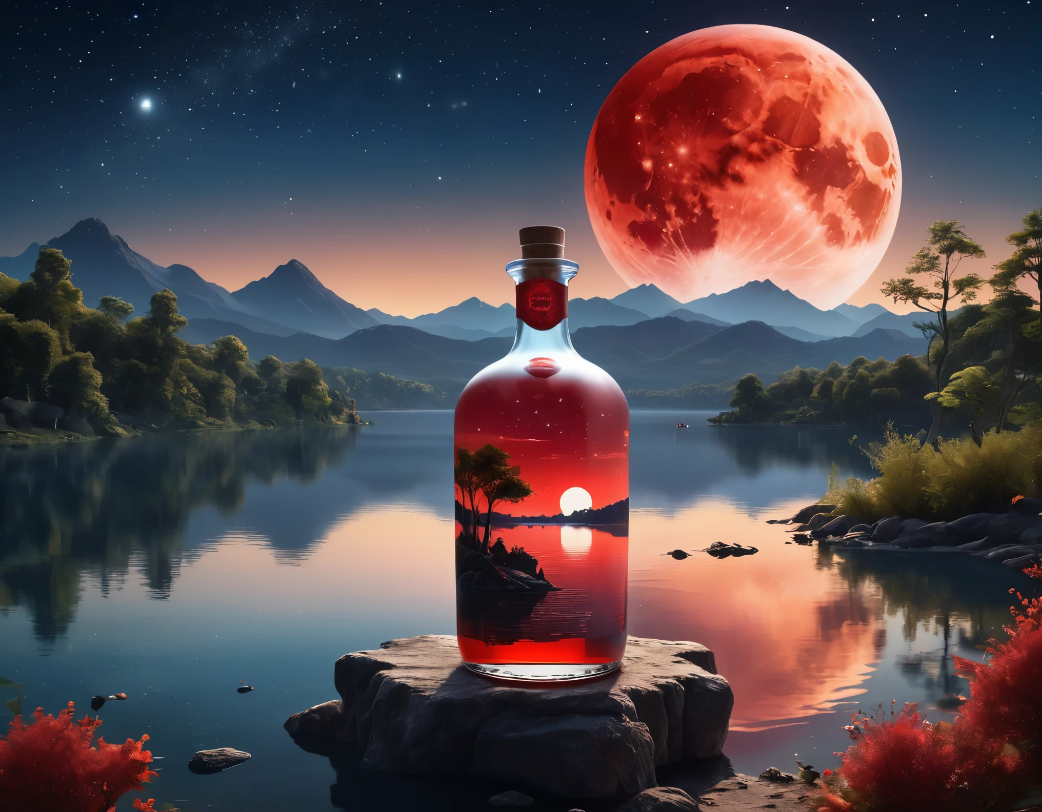A huge bottle,There is a majestic lake inside , Very high quality and very detailed scenes , Octane Rendering, Starry Sky , Dream , Huge red moon , paradise walter , inspiration, imagination