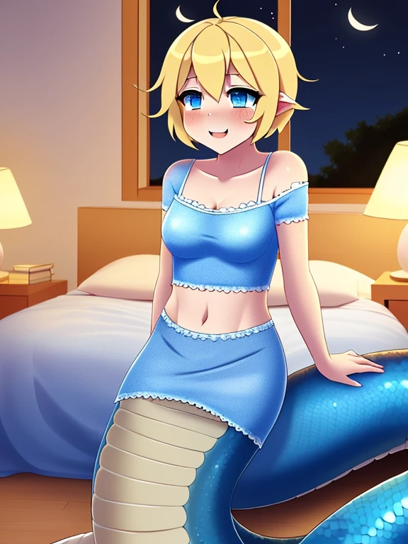 crossdressing, lamia, anime, beauty, small breasts, short hair, blonde hair, blue eyes, woman sleepwear, blue negligee, bedroom, sit, night,