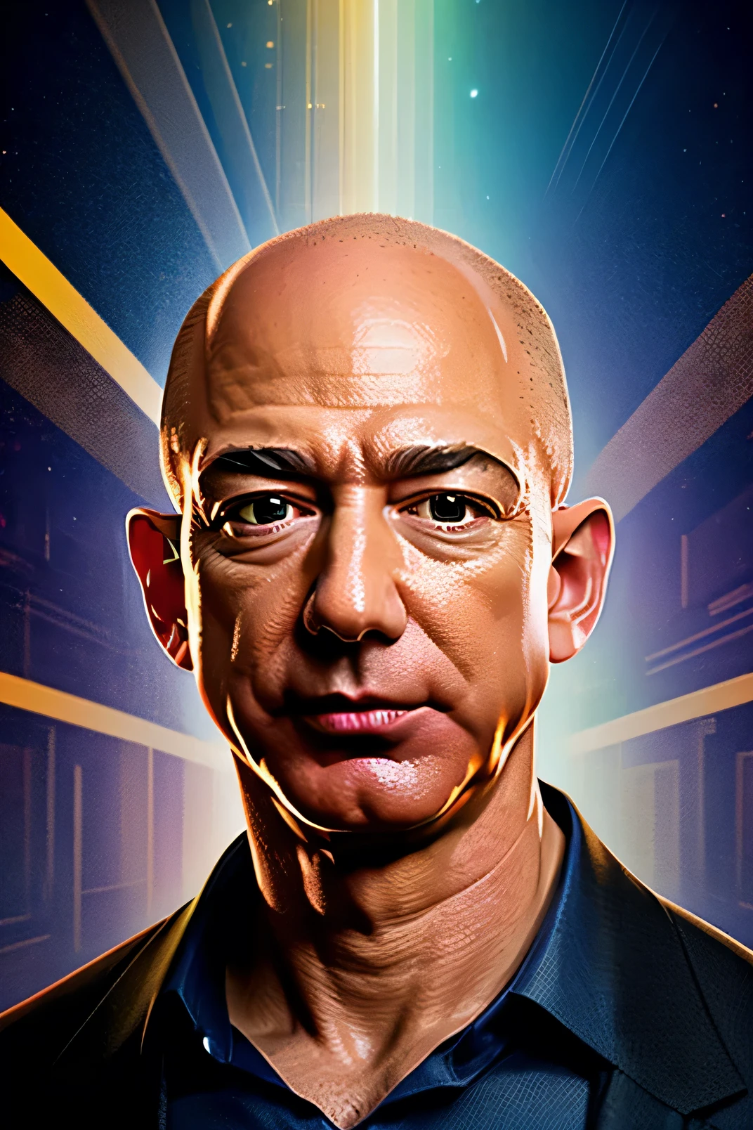 Jeff Bezos Amazon CEO, detailed representation of the face, detailed background, random pose, high resolution, detailed random colorful background, light background, background, half body shot, random pose, half body, detailed eyes, detailed face, high resolution