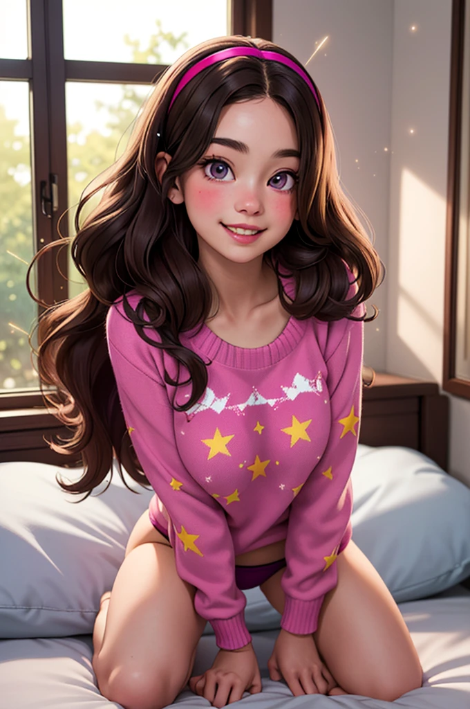 woman, adult age Mabel Pines, solo, long hair flowing in soft curls, brown hair, hairband adorned with a small, unique charm, wearing a cozy sweater, shy smile, cheeks slightly flushed with blush, full body shot, breasts subtly visible, showcasing a playful and endearing charm, detailed background bedroom, sunlight filtering through the window, a sense of whimsy and wonder pervading the scene. Highly detailed facial features, realistic skin texture, bright and expressive eyes, (((magenta sweater with a shooting star print))), purple lace panties, kneeling on bed