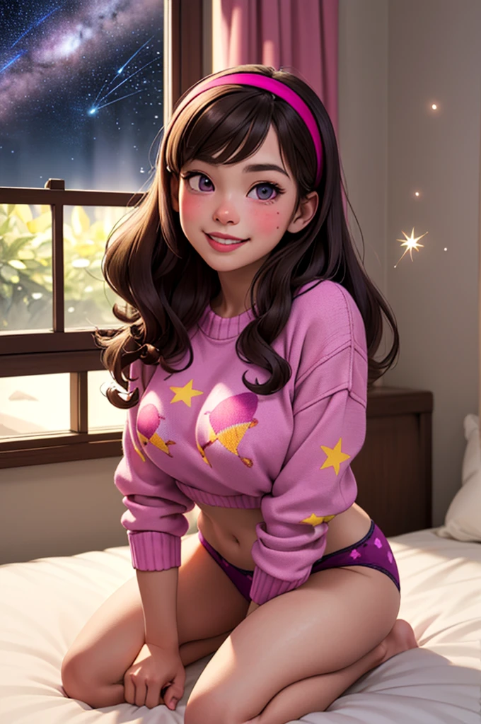 woman, adult age Mabel Pines, solo, long hair flowing in soft curls, brown hair, hairband adorned with a small, unique charm, wearing a cozy sweater, shy smile, cheeks slightly flushed with blush, full body shot, breasts subtly visible, showcasing a playful and endearing charm, detailed background bedroom, sunlight filtering through the window, a sense of whimsy and wonder pervading the scene. Highly detailed facial features, realistic skin texture, bright and expressive eyes, (((magenta sweater with a shooting star print))), purple lace panties, kneeling on bed