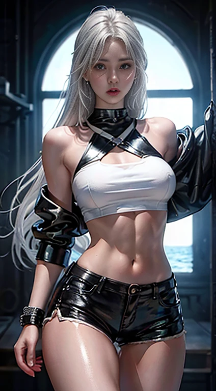 finely detailed beautiful eyes, overhead view, 1 woman, wide shot, white crop top, leather short shorts, black shorts, leather jacket, open shoulders, silver hair, long hair, detailed background, abs, black shorts, sweat, day, sky, shiny, sun, lake