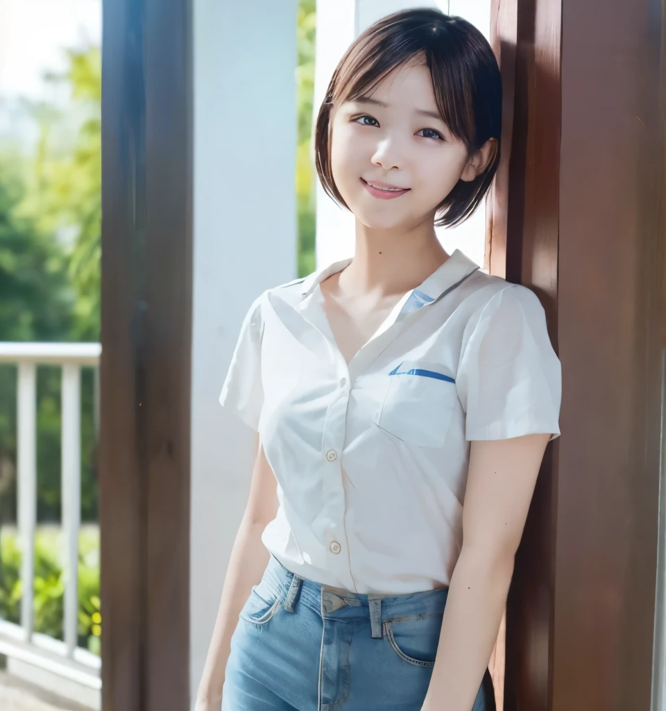 Best image quality、highest quality、masterpiece、Ultra-high resolution、8k、immature、Realistic:1.4、Professional Lighting、Cute school girl、Baby Face、Very short hair、thin、Moderate size chest cup bust、smile、Me in a tight white shirt、Wearing denim pants、Stand in front of the front door