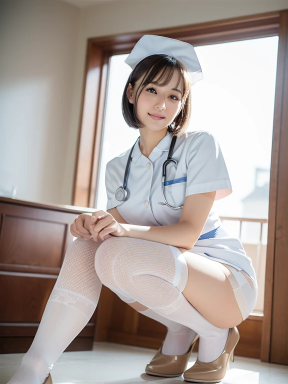 (Best quality: 1.5), (Realistic: 1.5), (1 person: 1.5), (Very detailed), (High resolution), 8k, shoot from below, (Japanese woman), ((wear White nurse uniform)), (Nurse cap), (wear micro mini skirt), (medium breasts), natural colored lips, cute smile, 20 year old girl, (beautiful and elaborate face), (perfect and beautiful face), (big eyes), (beautiful and elaborate face), (left and right balance) Beautiful eyes), Beautiful double eyelids, Perfect and beautiful face, Thin arched eyebrows, Slim face, (Slim figure), Beautiful thin nose, Beautiful skin, (Medium bob hair), Natural bangs, Fair skin, Front view lighting, (lighting the face), dark blue eyes, slim waistline, slender beautiful legs, nurse, Stethoscope, (sit on the operating table), (wearing a white colored garter belt and white knee-high stockings), white nurse clothes, Operating room、((White nurse clothes)), ((White micro mini skirt)), pure white, (show panties), sexy pose, shoot from below, (cute lace panties),
