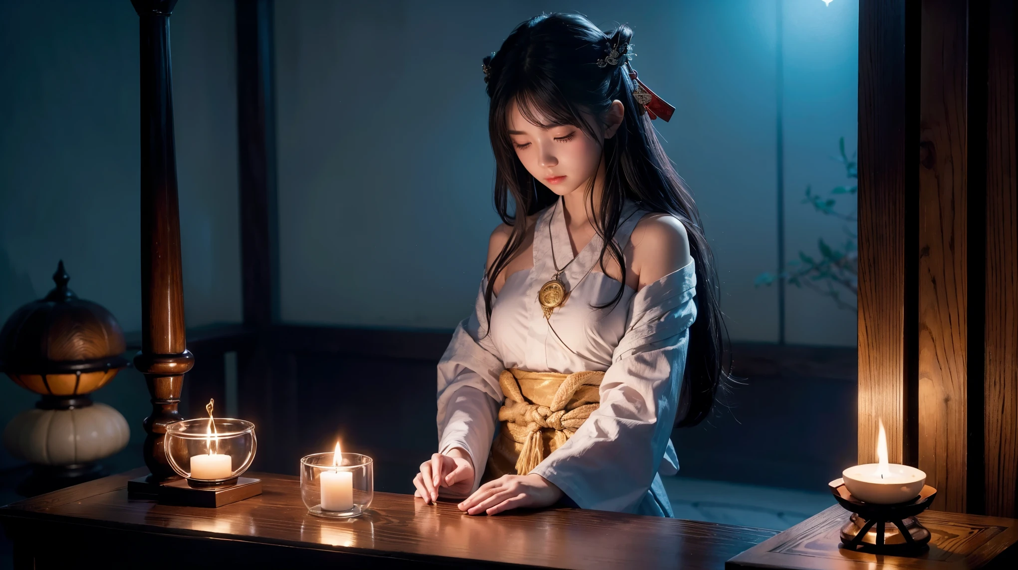 (One girl:1.3),alone,__Body parts__,, Official Art, unity 8k wallpaper, Super detailed, beautiful and aesthetic, beautiful, masterpiece, highest quality,A fantastic atmosphere, Calm palette, Calm mood, Soft Shading,, Shrine maiden, incantation, Amulet Familiar, Shrine maidenの務め,