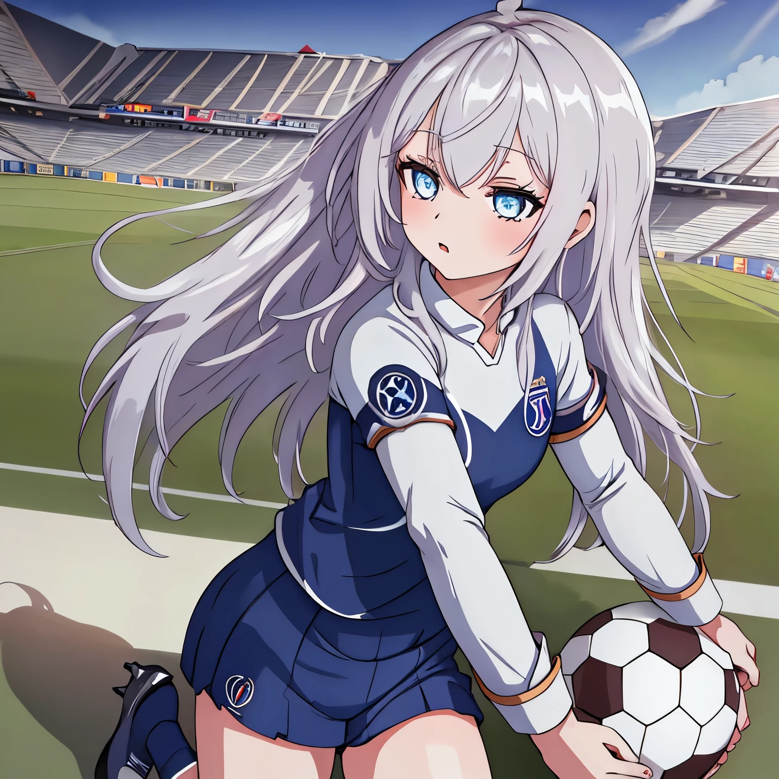 1alisa, solo, blue eye, behind of the body, psg uniform, kick a soccer ball, football stadium, (masterpiece), (best quality), (extremely intricate)