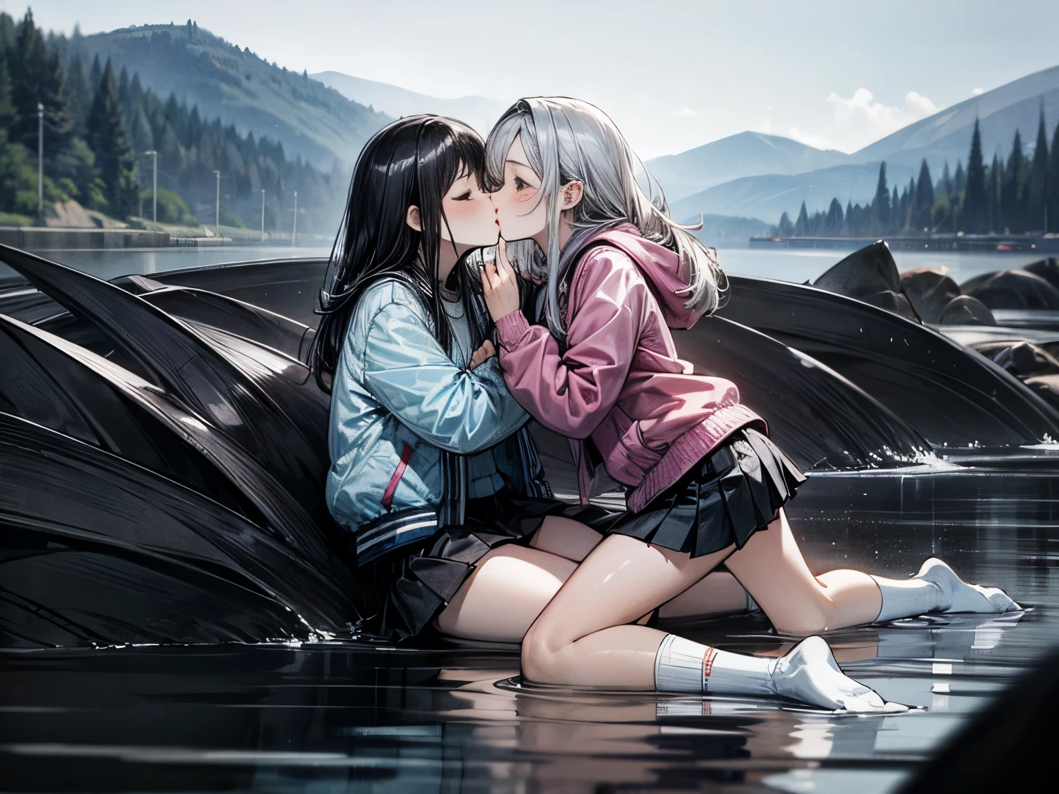 lakeside,two girls,Embrace,kiss,Pure and beautiful,,jacket,Pleated skirt,White socks,thin legs,Very thin,whole body