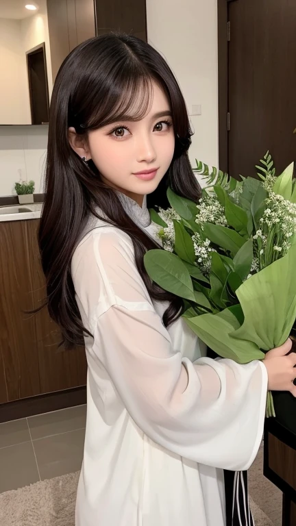 foto seorang perempuan manis mengenakan pakaian dominan hijau dan putih dengan aksen emas. orang ini memiliki rambut coklat yang dipotong pendek dan dihiasi dengan pita besar di kepalanya. Ia sedang melayang di udara dengan latar belakang bulan sabit yang bercahaya. Di sebelahnya terdapat kelinci putih yang juga memiliki elemen magis, 