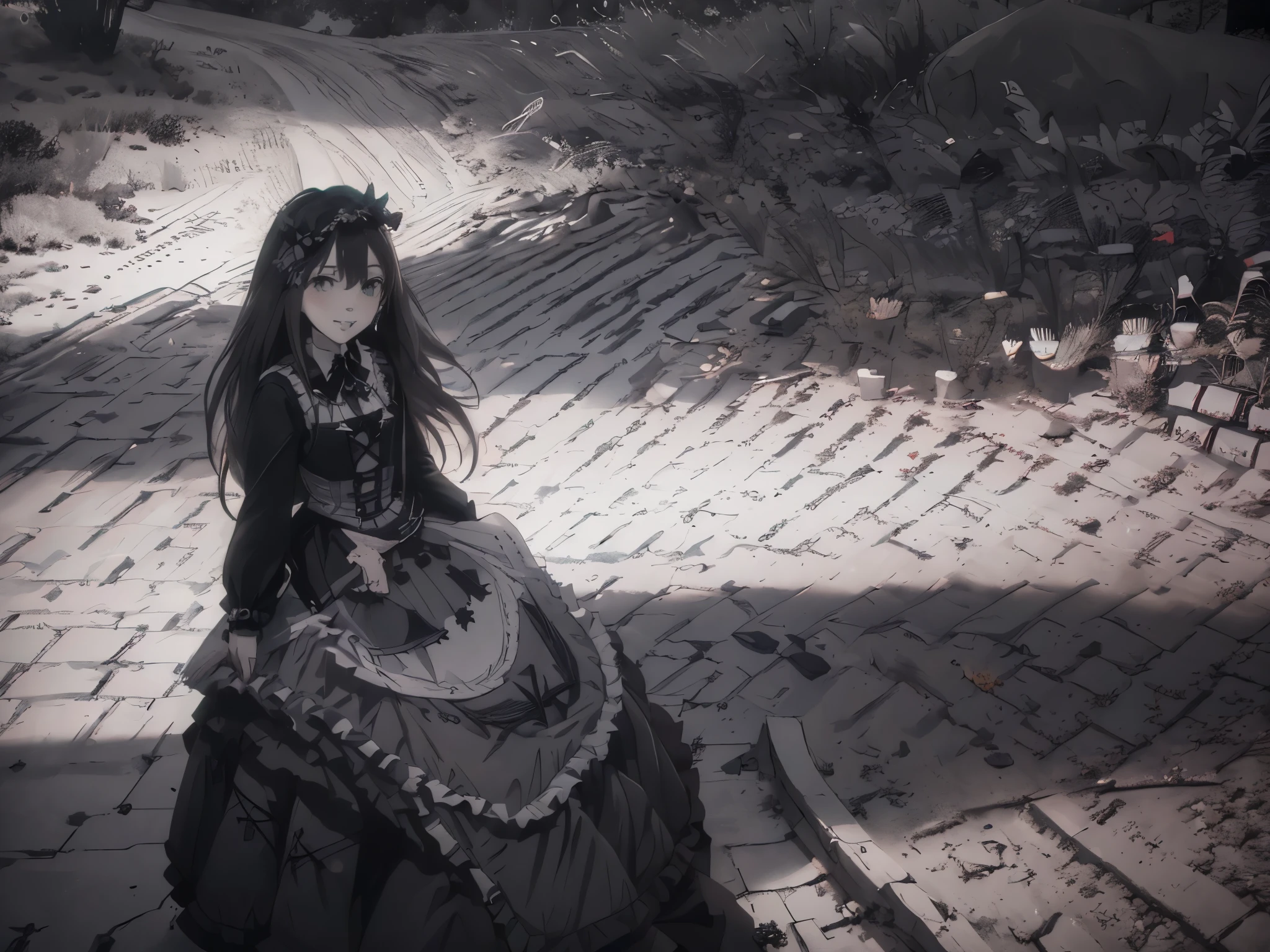 (((Top quality ultra detail,Unity 8k))),(((grayscale,Black and White))),(Gothic ****ta:1.2),long dress,Lace-up boots,smile,Wide Shot,((Outdoor)),Various poses,rin shibuya,High Contrast Lighting