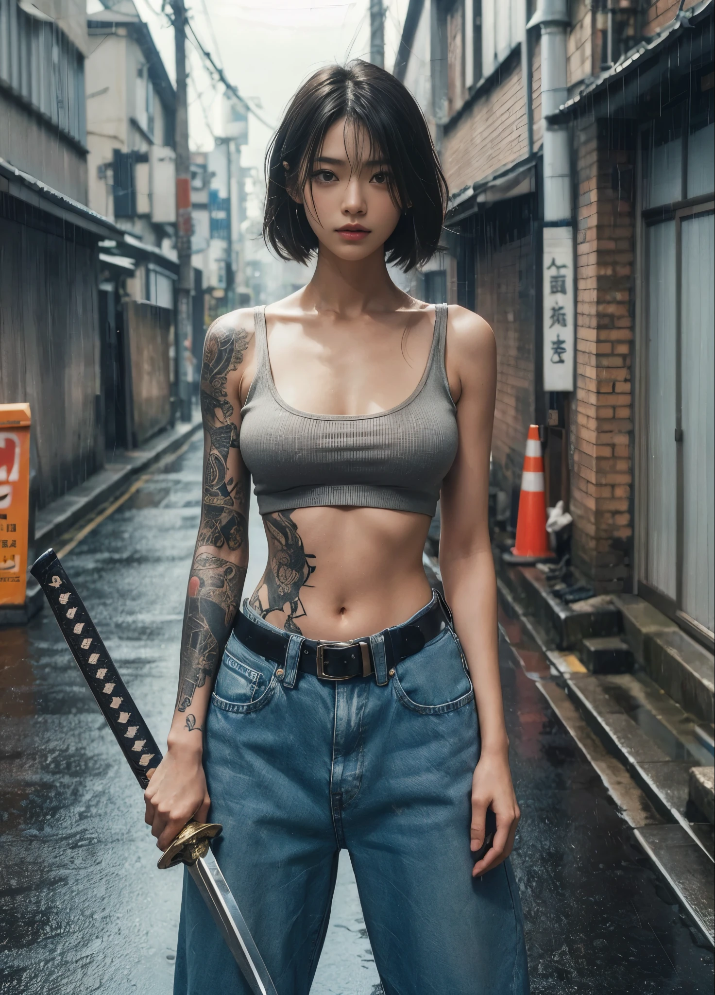 8k,Realistic Skin Texture、Superrealism、Realistic Photo、Japanese women、、Standing with a Japan sword、draw oneself up to one's full height.、The tip of the sword is pointed towards me、Tank top,Oversized jeans、sneakers、Shinjuku Back Alley、Innovative composition、Full body photo、、A wistful look、Tattoo、rain