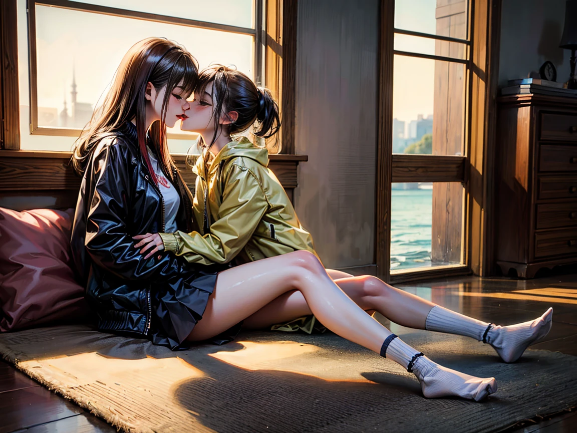 lakeside，two girls，Embrace，kiss，Pure and beautiful，，jacket，Pleated skirt，White socks，thin legs，Very thin，whole body