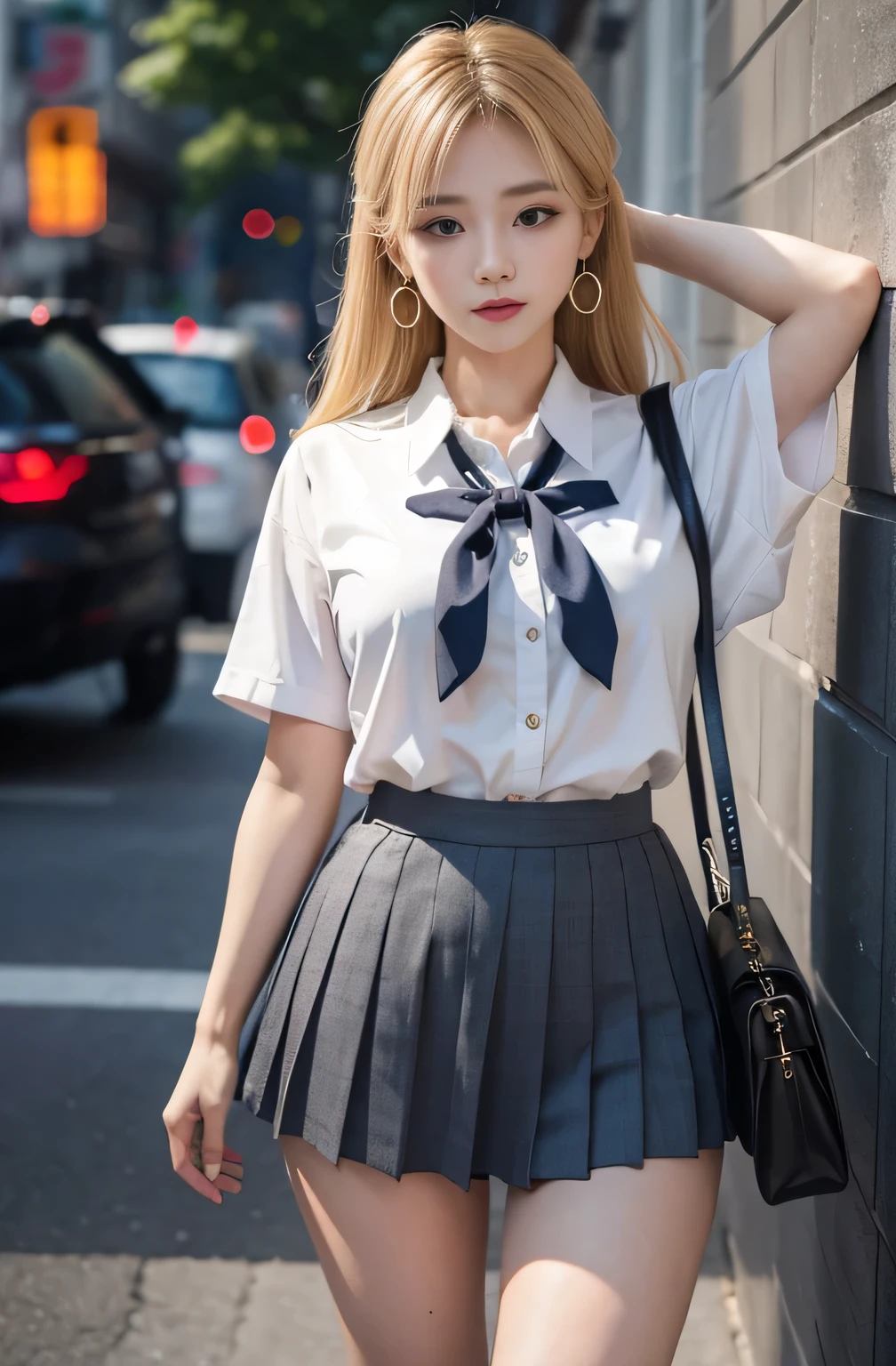 Gray eyes, Korean school uniform, Summer shirts, Ribbon Tie, skirt, Bright Blonde, going down chest thrust posture, Breast exaggeration pose, 8K Original Photo, high resolution, 16 year old Korean guy is so handsome, Rounded and plump breasts, Beautiful eye details, Long eyelashes, Beautiful double eyelids, Eyeshadow, Eyeliner, Slender eyes, Elongate the eye shape, Three white eyes, Evil smile, Expression, Very beautiful slender legs, Beautiful and slender thighs, Random hit, hair tied behind the head, earrings,Random Places,Random direction photos,Random costumes