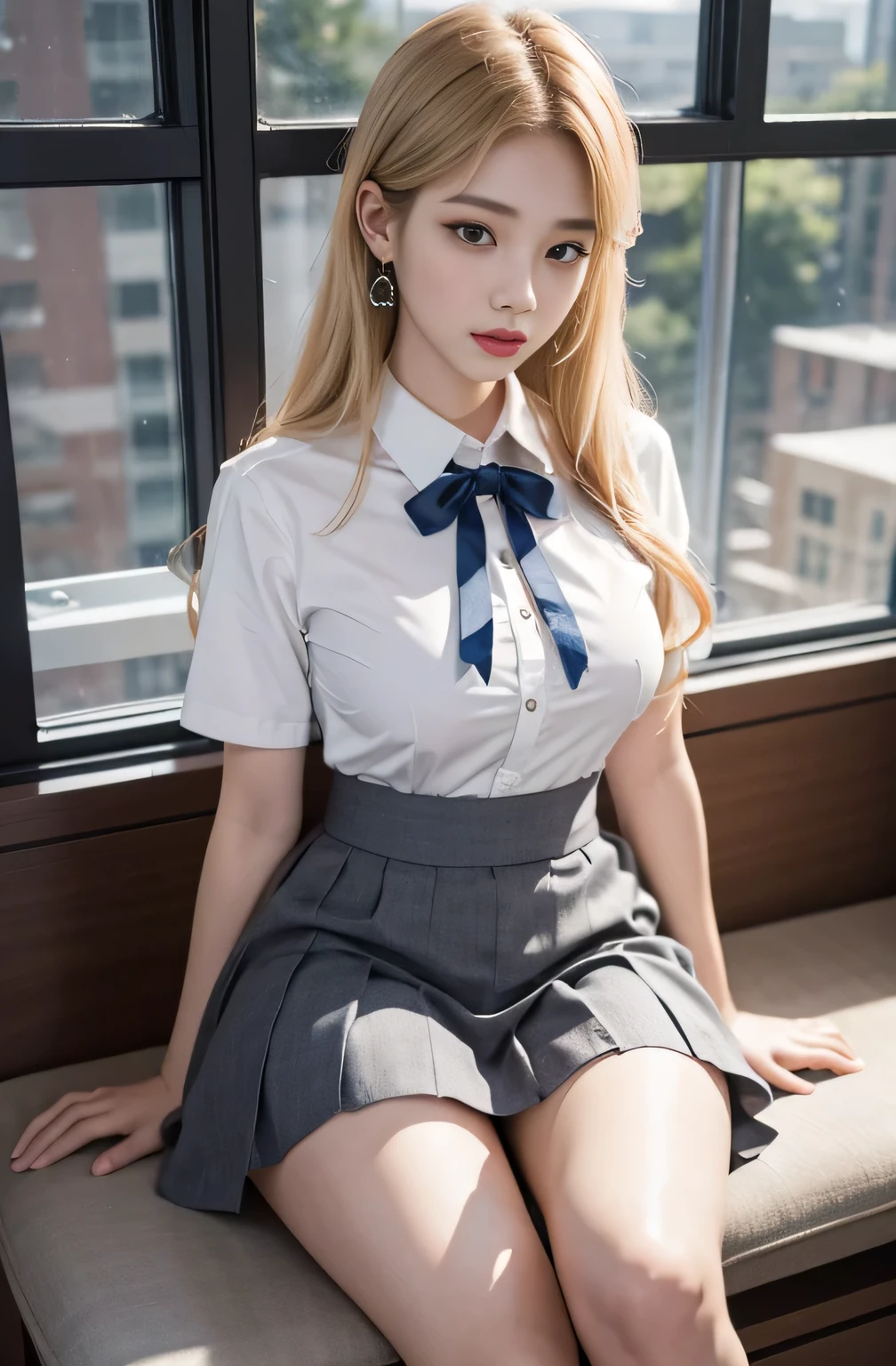 Gray eyes, Korean school uniform, Summer shirts, Ribbon Tie, skirt, Bright Blonde, going down chest thrust posture, Breast exaggeration pose, 8K Original Photo, high resolution, 16 year old Korean guy is so handsome, Rounded and plump breasts, Beautiful eye details, Long eyelashes, Beautiful double eyelids, Eyeshadow, Eyeliner, Slender eyes, Elongate the eye shape, Three white eyes, Evil smile, Expression, Very beautiful slender legs, Beautiful and slender thighs, Random hit, hair tied behind the head, earrings,Random Places,Random direction photos,Random costumes