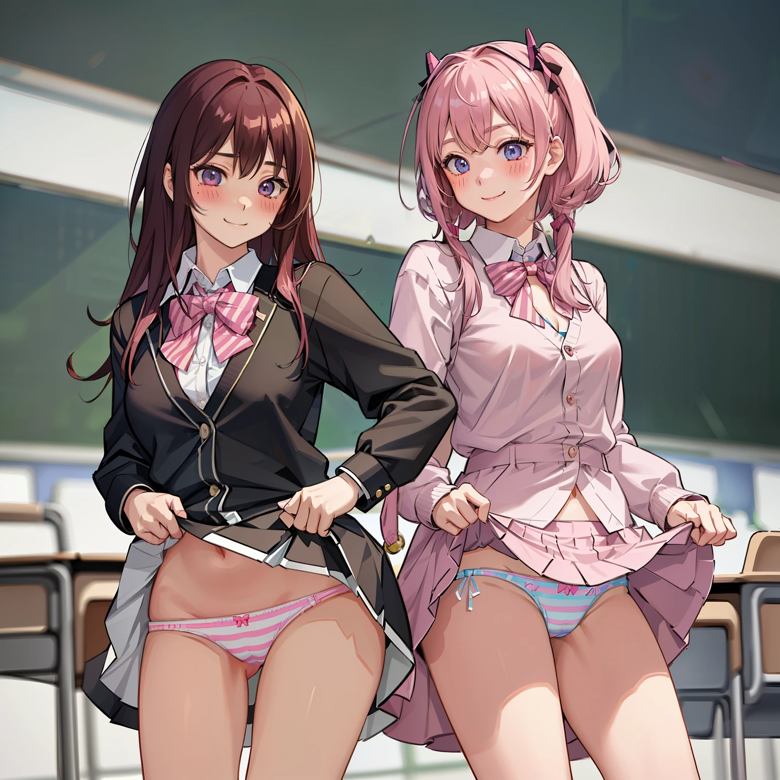 ((2 girls))、(smile:1.5)、Small breasts、(Cowboy Shot)、(fun!!)、(cardigan)、()、(blush:1.4)、、()、(Eye highlights:1.3)、Blake Black Shoes,(黒いskirt)、bow, button, shirt with collar, Long sleeve, ((red bow tie, , Black jacket, Open jacket, 茶色のcardigan, white shirt, 黒のskirt, チェック柄のskirt、white socks)),, shirt,, skirt, socks, Thighs, white shirt, Rest indoors, ((classroom:1.5))、 BREAK while watching the audience、(skirtを掴む:1.0)、 (Perfect hands, Perfect Anatomy),Cowboy Shot、(skirt lift:1.3),(Highly detailed panties:1.3)、(Highly detailed pink striped panties:1.3)、、(skirt that rolls up:1.3)、(Full-fledged panties:1.5)、Light blue eyes、Glowing Eyes、long hair