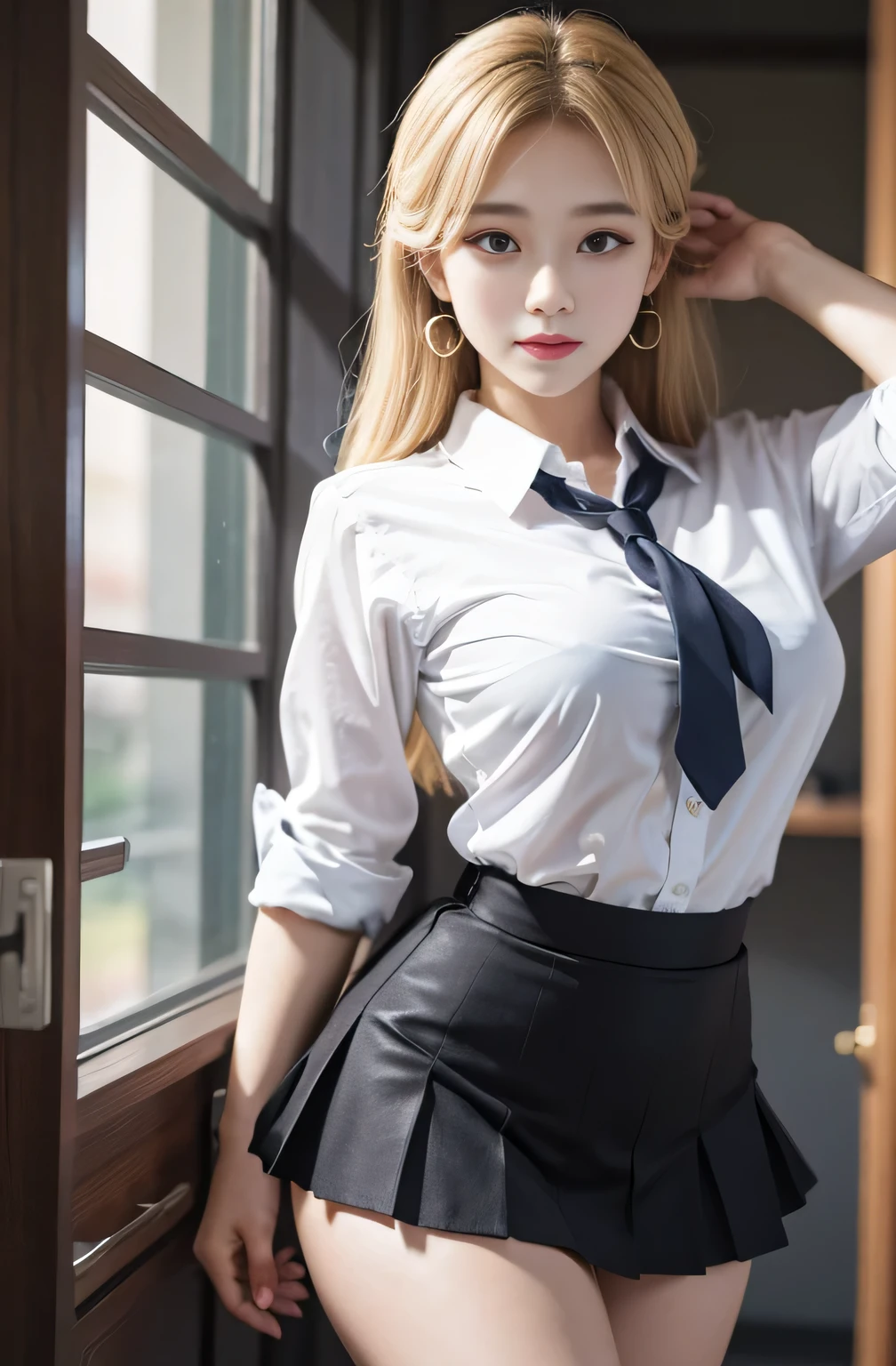 Gray eyes, Korean school uniform, Summer shirts, Ribbon Tie, skirt, Bright Blonde,  going down chest thrust posture, Breast exaggeration pose, 8K Original Photo, high resolution,  Korean guy is so handsome, Rounded and plump breasts, Beautiful eye details, Long eyelashes, Beautiful double eyelids, Eyeshadow, Eyeliner, Slender eyes, Elongate the eye shape, Three white eyes, Evil smile, Expression, Very beautiful slender legs, Beautiful and slender thighs, Random hit, hair tied behind the head, earrings,Random Places，Random direction photos，Random costumes