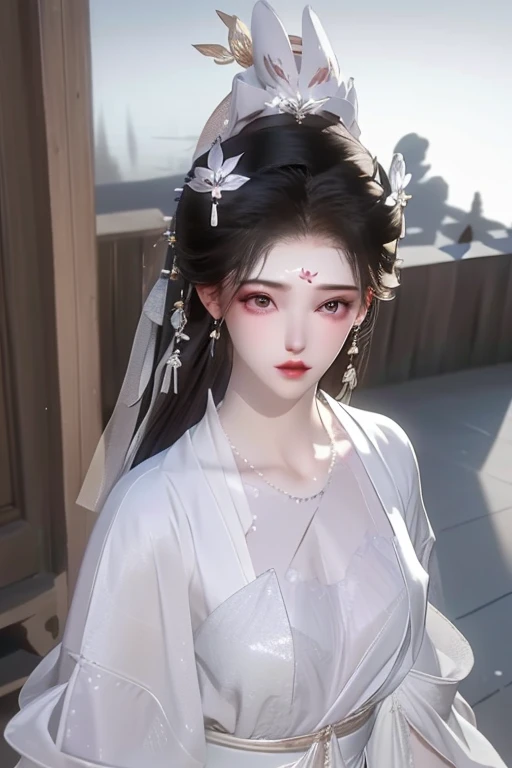 (best quality,masterpiece:1.2),Ultra-high resolution,Realistically,Front lighting,Intricate details,Exquisite details and textures,(1 girl),Solitary,Upper Body,Purple Hanfu,好漂亮的big eyes,Purple dress,Petal decoration,Pretty Face,Facing the audience,Ribbon,gossamer,(young),Facial highlights,Detailed production,Tear moles,White skin,Silver Hair,High Ponytail,looking at the audience,big eyes,(Hollow pattern),Ear nipple rings,fit,White background,Right hand,Professional lighting,Photon Mapping,Wireless City,Physically Based Rendering