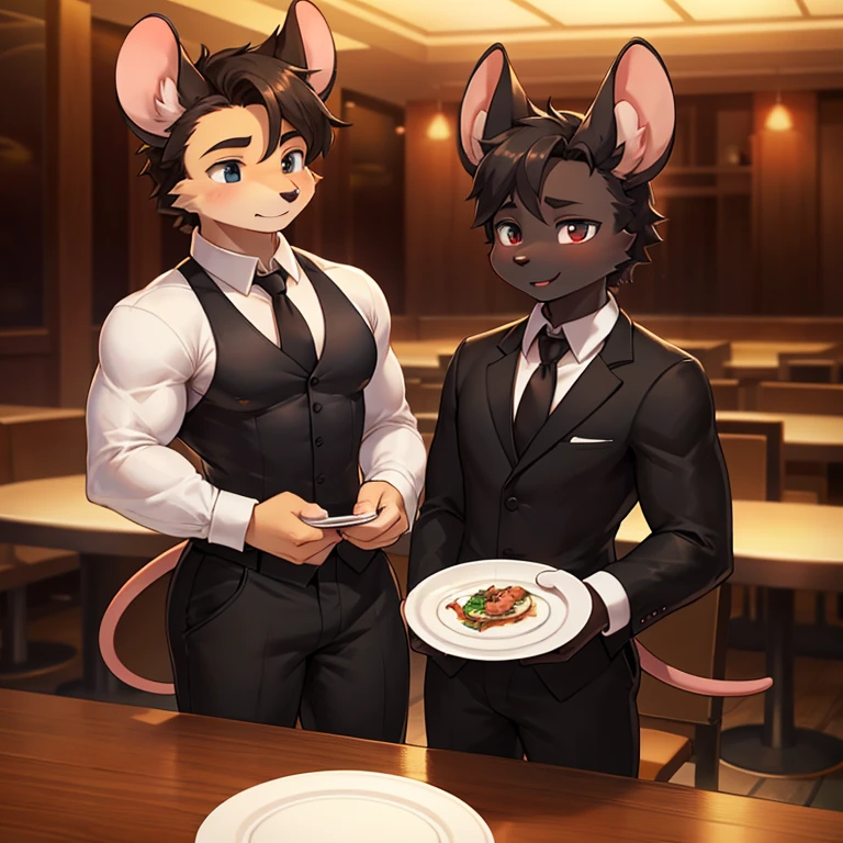 A small mouse bodybuilder waiter wearing a shirt and a black jile and a black tie with large black pants in a restaurant