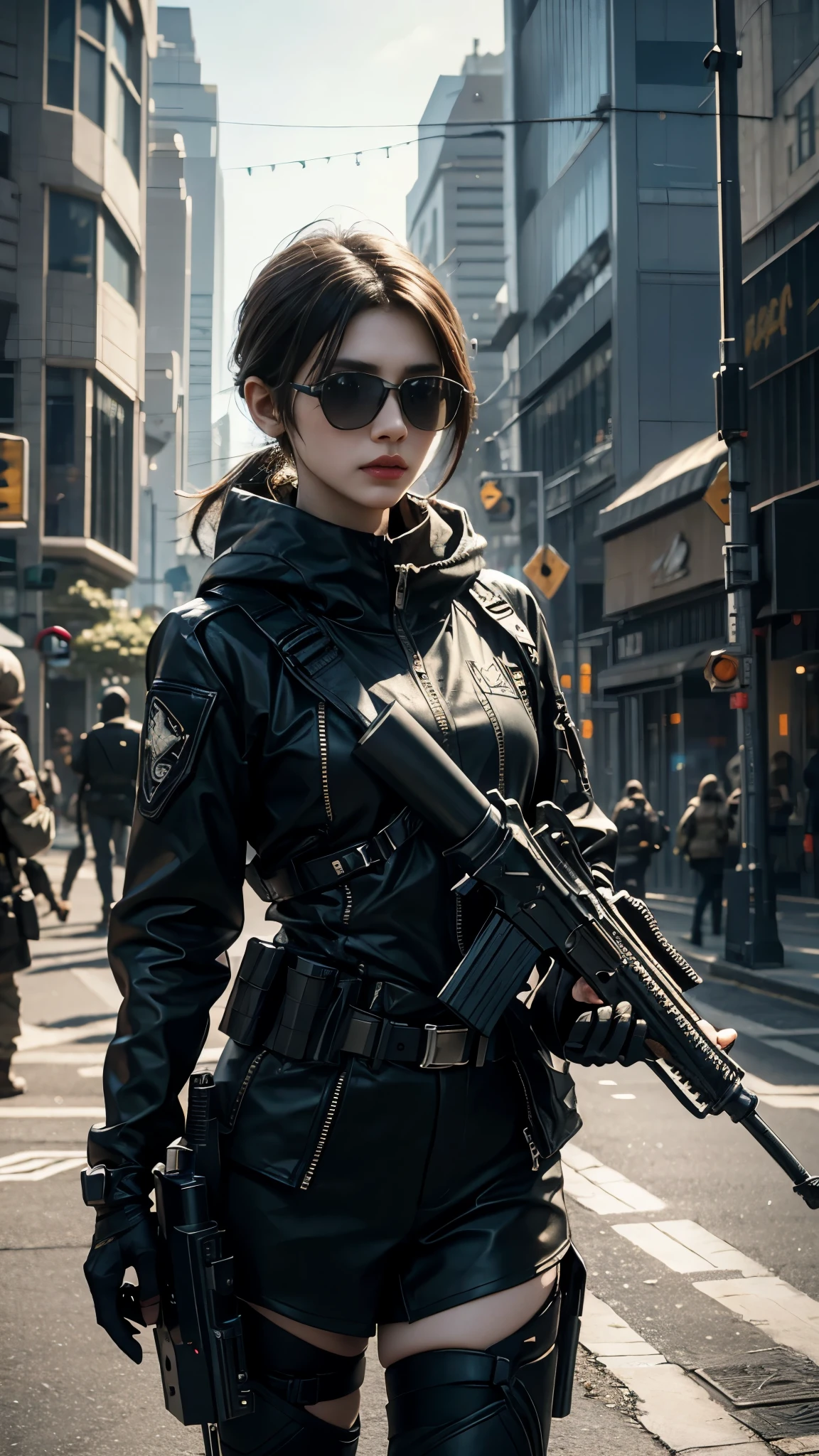 8K, UHD, masterpiece, 1 girl, detailed face, smart face, sunglasses, detailed eyes, sniper rifle in hand, battlefeild, call of duty cosplay, call of duty modern warfare 3, ((ghost tribe)), ((blue cosplay)), belts, gun, methic gun, futuristic art, cyberpunk lighting, ultra extreme graphics, RTX 4090, ray tracing, bloom, depth of field, motion blur,