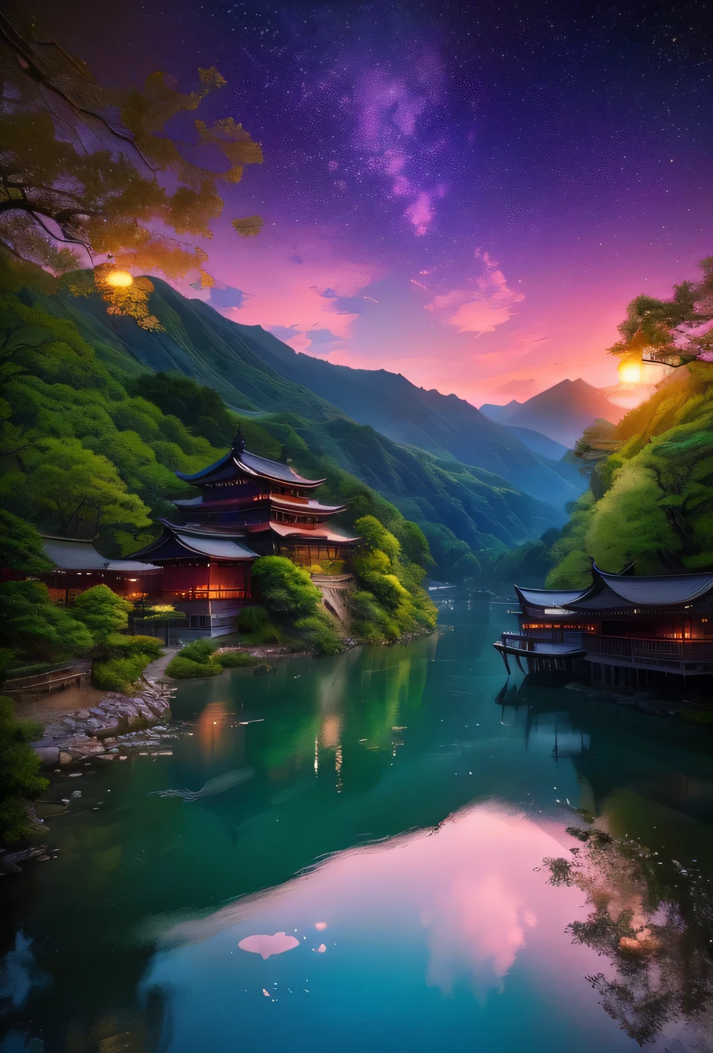 view of a river,There is a boat in the river,A mountain in the background, Dreamy Chinatown, In Tranquil scenery, Magical colors and atmosphere, Japanese Landscape, beautiful place, Magical scenery, Chinese scenery, Japanese Village, A Japanese town, Magical colors and atmosphere, lush Japanese Landscape, Japanese Nature, Mysterious environment, Beautiful and mysterious, Peaceful and tranquil, Tranquil scenery