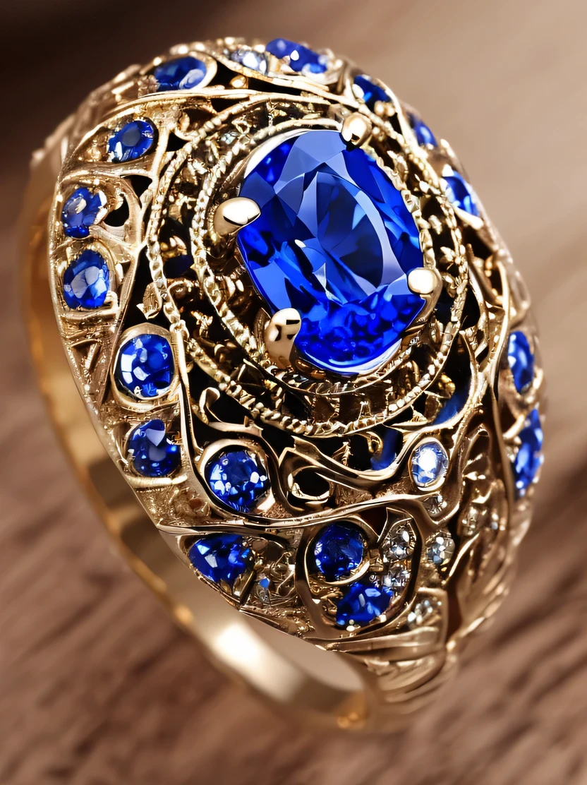 ((masterpiece、highest quality、Very detailed、High resolution、Photorealistic、Sharp focus、Cinema Lighting))、((There is no one))、One ring、Gold and silver rings、Blue Gem、Complex Pattern、Complex and unusual design、Sparkling sapphires decorate this enchanting ring、Beautiful color gradation、Background is marble table surface