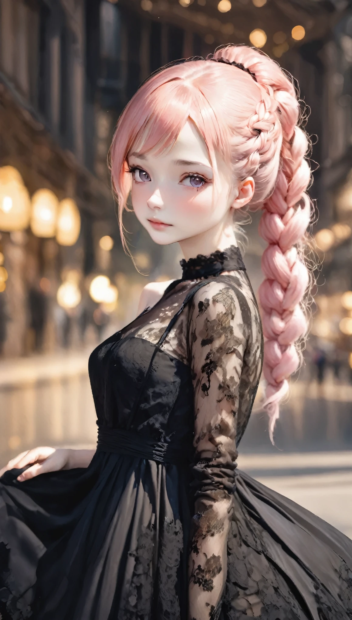 (((Blurred Background、Watercolor style background)))、One Girl、16talent、anatomy、Pale pink eyes、Loosely braided low ponytail、Light pink hair、Small breasts、Black Dress Open Neck Dress、Sheer lace dress、Translucency、Random Pause、highest quality、High resolution、High resolution、Cinema Lighting、Professional Photographer、