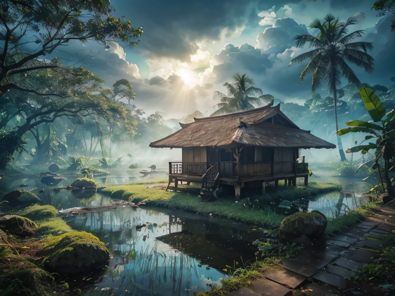 Gubuk atap seng sedikit berkarat pohon hijau cerah pepohonan ayam sedikit samping air terjun kecil sungai mengalir jernih ada jalan naik batu besar jalan kerikil nyamping turun samping sawah hijau rata, sedikit lumut pakis bunga seorang wanita mencuci pohon pisang pohon kelapa, tanaman, latar belakang sawah rata sejuk langit biru gelap awan putih abu" ungu gelap mejestic cloud Ultra UHD ultra HD.50.ultra natural effect. Ultra HD Profesional Photographer Profesional.