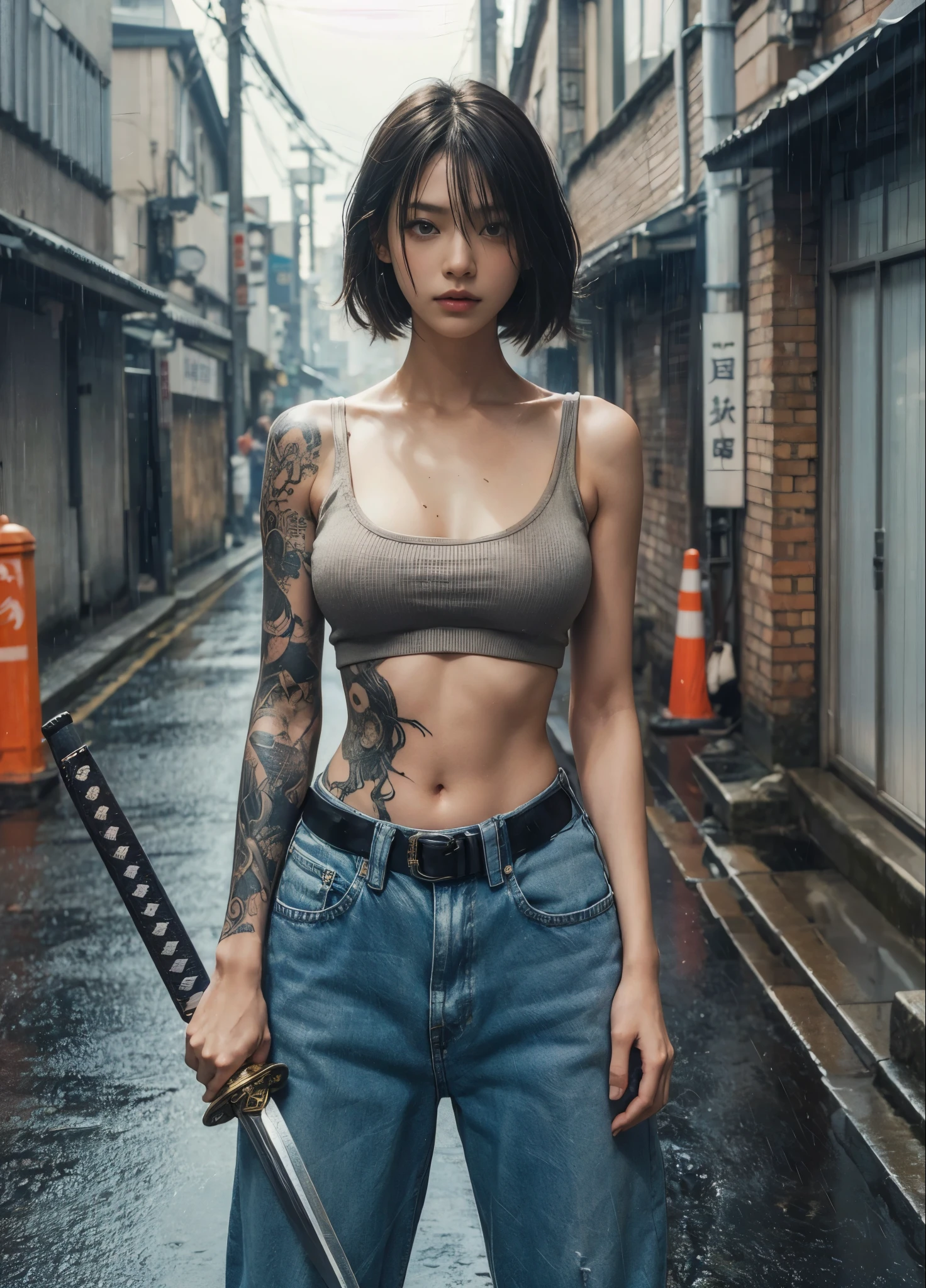8k,Realistic Skin Texture、Superrealism、Realistic Photo、Japanese women、、Standing with a Japan sword、draw oneself up to one's full height.、The tip of the sword is pointed towards me、Tank top,Oversized jeans、sneakers、Shinjuku Back Alley、Innovative composition、Full body photo、、A wistful look、Tattoo、rain