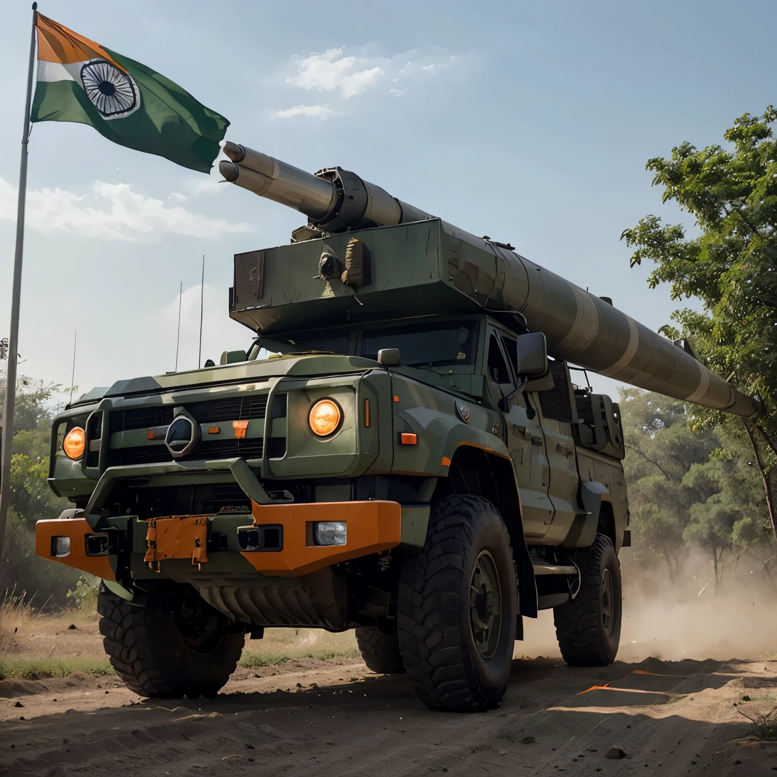 A series of large, pointed missiles are mounted on a military truck. The missiles are painted with the Indian flag colors - orange, white, and green - and feature the Ashoka Chakra emblem. Uniformed soldiers are standing near the vehicle in an outdoor setting.