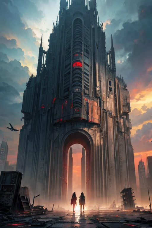 highest quality、A ruined futuristic city、dim、red、Surrealism