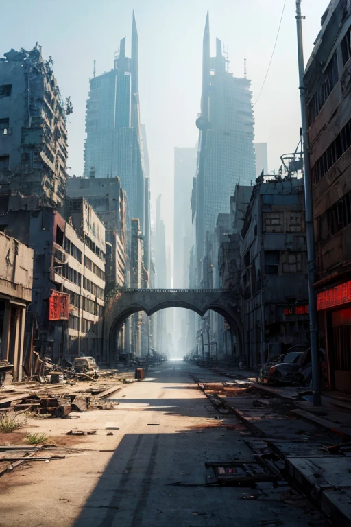 highest quality、A ruined futuristic city、dim、red、Surrealism