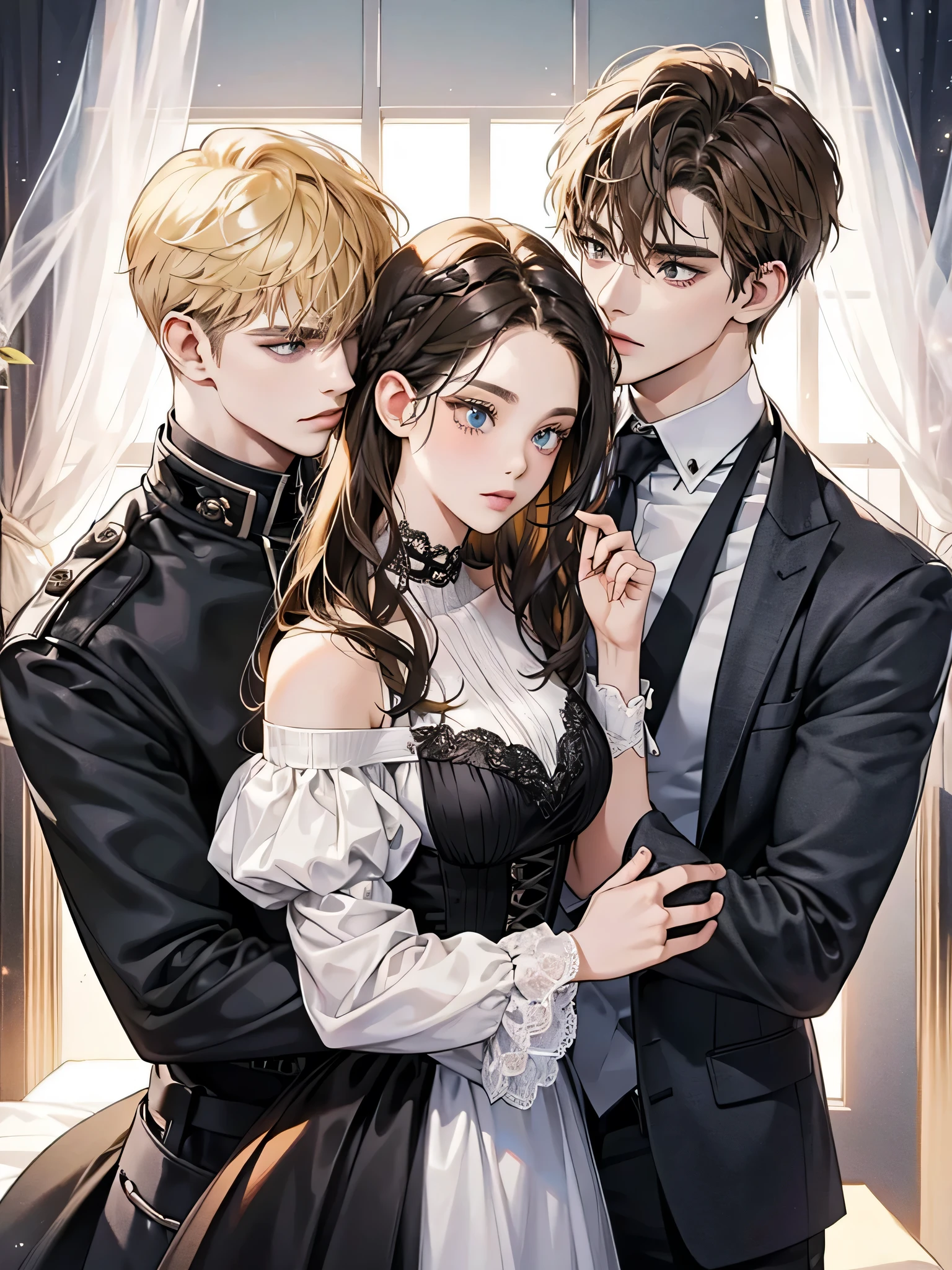 Couple, 1 girl 2 boy, different hair color, dark hair, blonde hair, dark romance