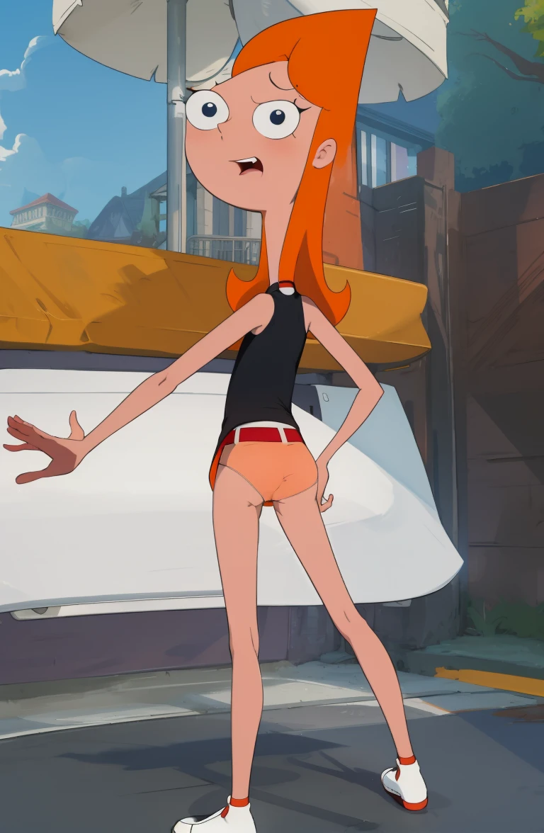 candace_flynn, medium hair, orange hair, dark blue eyes, white skirt, red shirt, white shoes, sleeveless, red socks, red belt, ass, from behind, tight ass, tight clothes, shexyo, upskirt , spread ass, looking on viewer, facing away, tight panties, ass zoom in, down view,