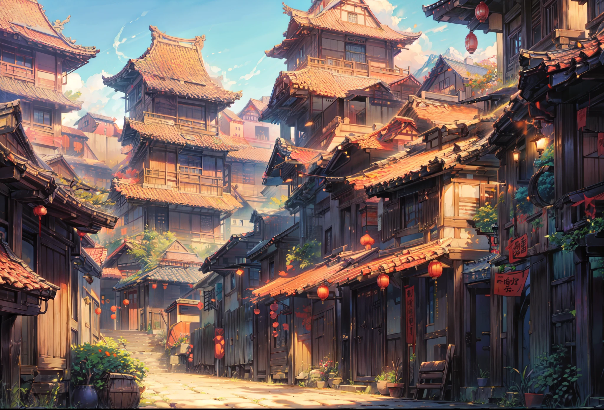 Old ancient chinese town, bright ancient chinese town, beautiful scene, scenery, ancient town, ancient time set, bright color palette, beautiful houses, scene, bright sky, nice enviroment, background, beautiful scene, day time, blue sky, bright sun, ground