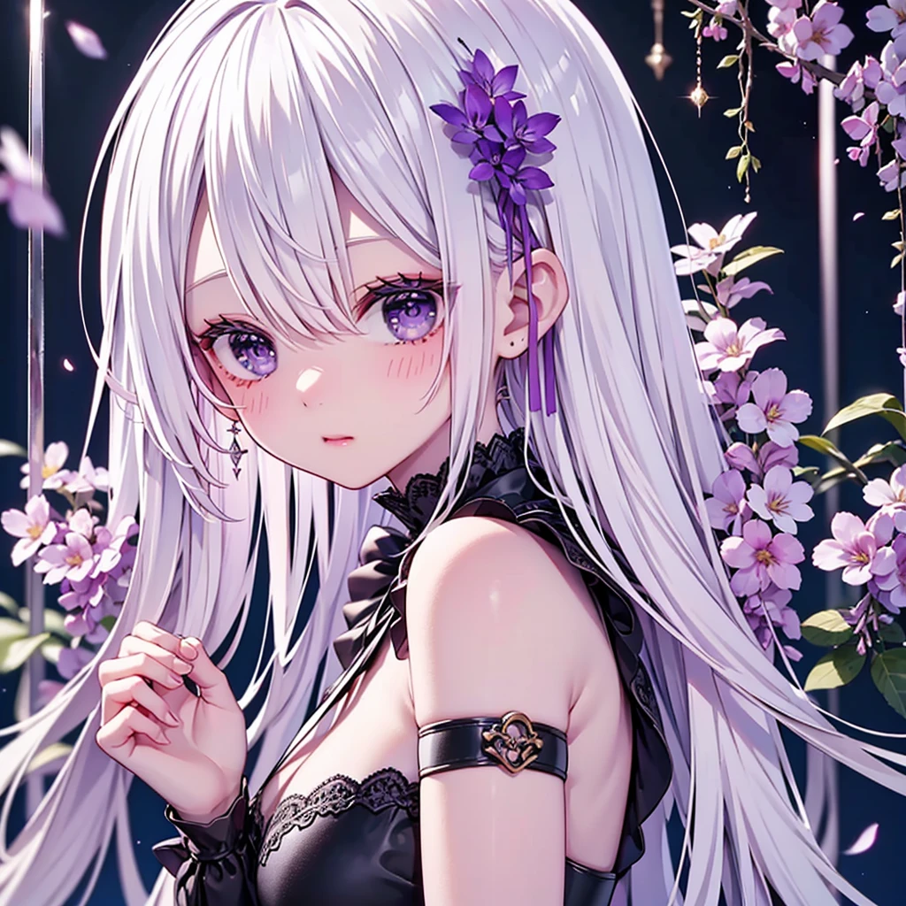 highest quality、Masterpiece、Official Art、The best light source、The best composition、Super detailed、super beautiful、16K、Super detailedな目、Wisteria trellis background、Picture Frame、Picture Frameに紫のLEDライト、indirect lighting、Cyberpunk future beautiful girl、Milky white hair with purple gradation inner color、Sparkling、