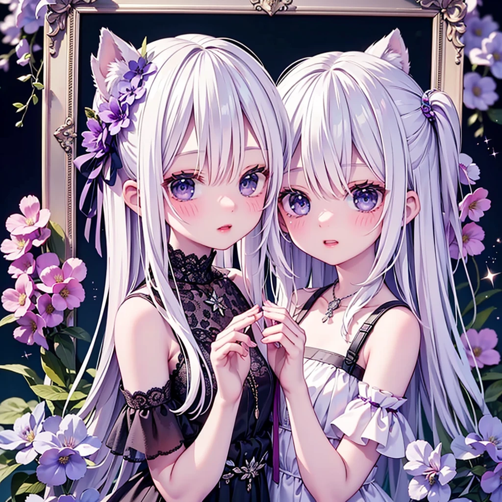 highest quality、Masterpiece、Official Art、The best light source、The best composition、Super detailed、super beautiful、16K、Super detailedな目、Wisteria trellis background、Picture Frame、Picture Frameに紫のLEDライト、indirect lighting、Cyberpunk future beautiful girl、Milky white hair with purple gradation inner color、Sparkling、